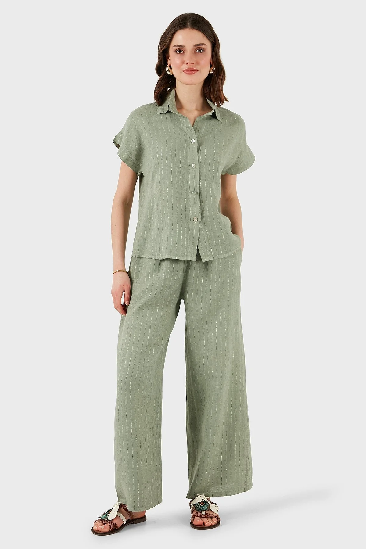 Via Dante Çizgili Regular Fit Düz Yaka Kısa Kollu Keten Bayan Gömlek 6140RN544 HAKİ - 4