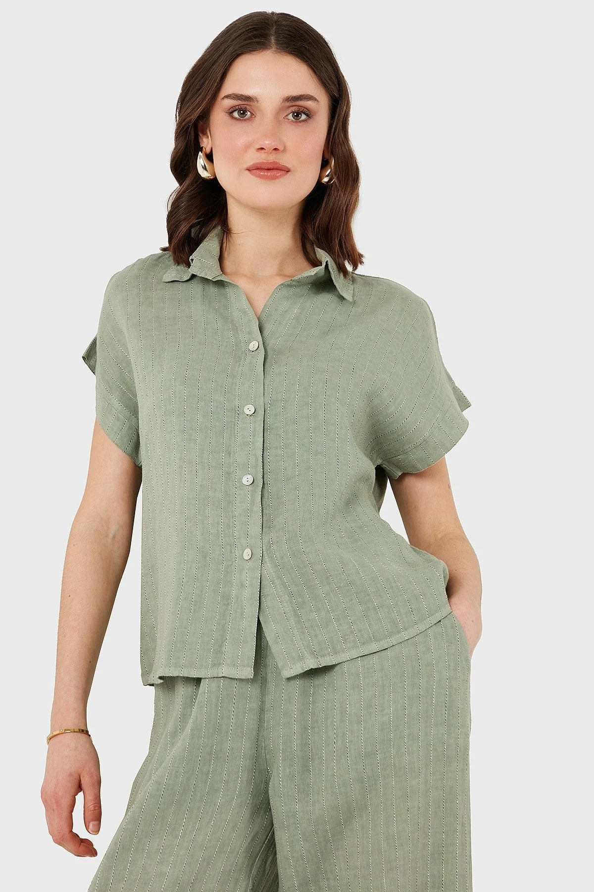 Via Dante Çizgili Regular Fit Düz Yaka Kısa Kollu Keten Bayan Gömlek 6140RN544 HAKİ - 5