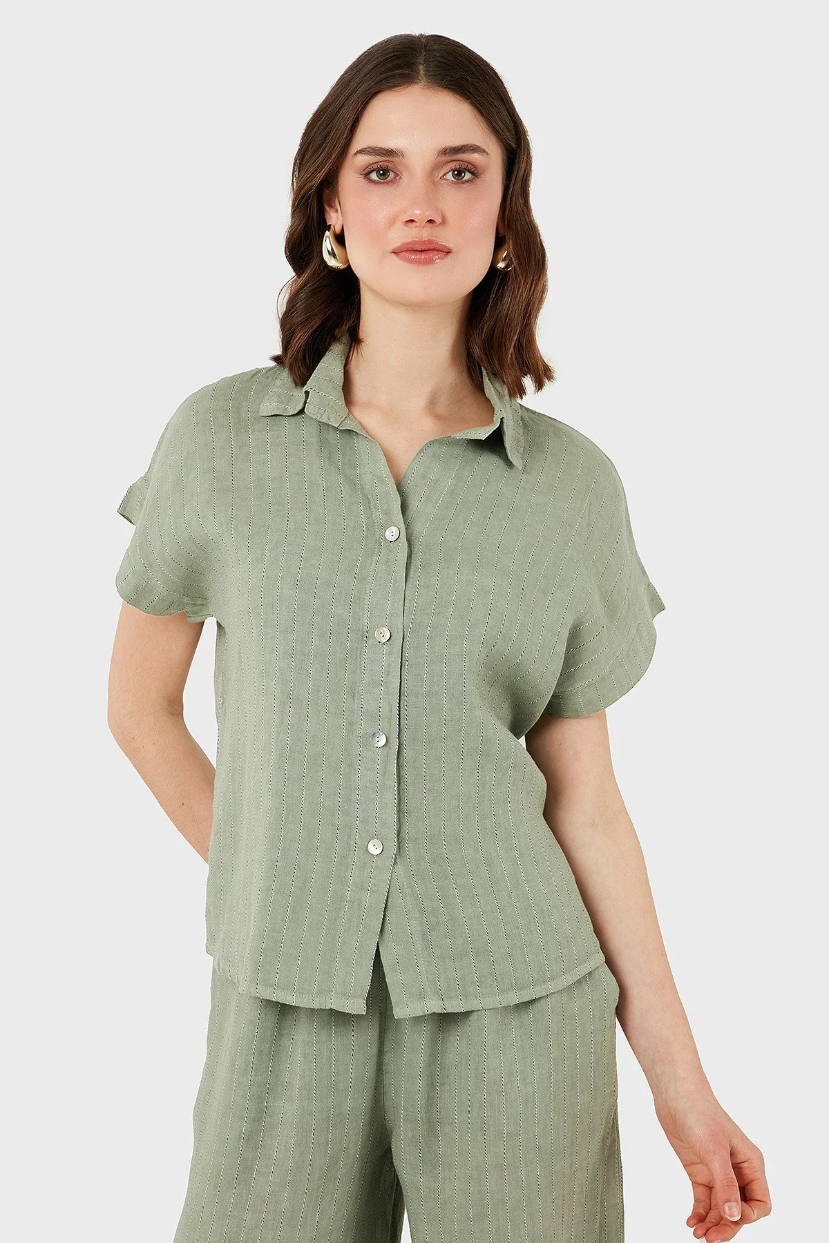 Via Dante Çizgili Regular Fit Düz Yaka Kısa Kollu Keten Bayan Gömlek 6140RN544 HAKİ - 6