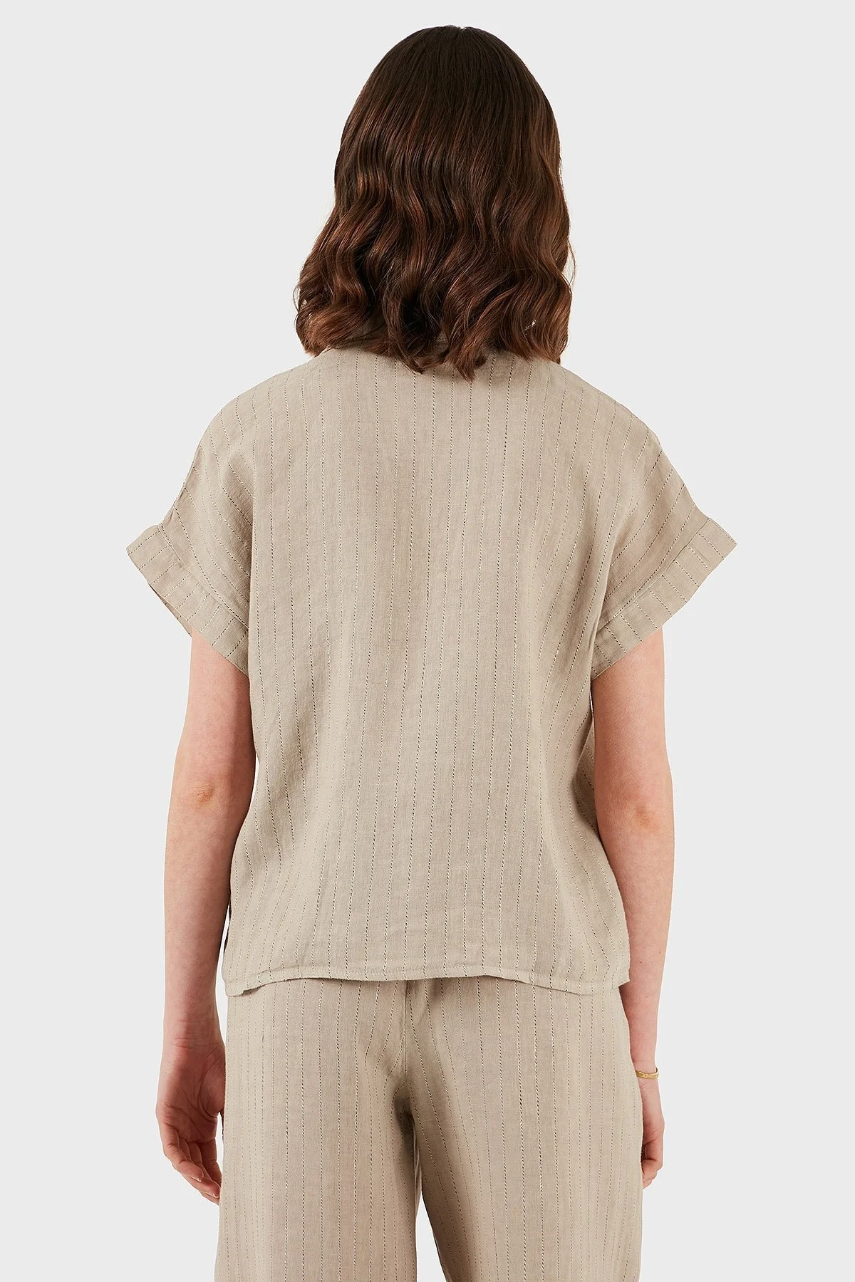 Via Dante Çizgili Regular Fit Düz Yaka Kısa Kollu Keten Bayan Gömlek 6140RN687 TAŞ - 3