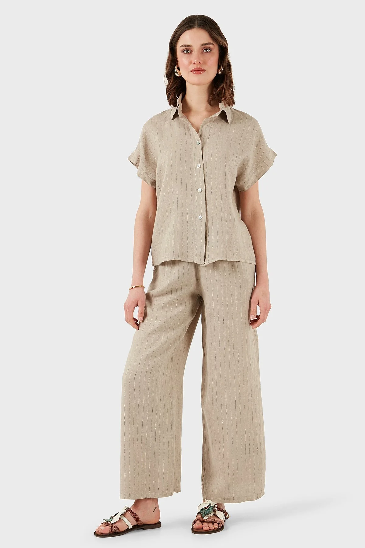 Via Dante Çizgili Regular Fit Düz Yaka Kısa Kollu Keten Bayan Gömlek 6140RN687 TAŞ - 4