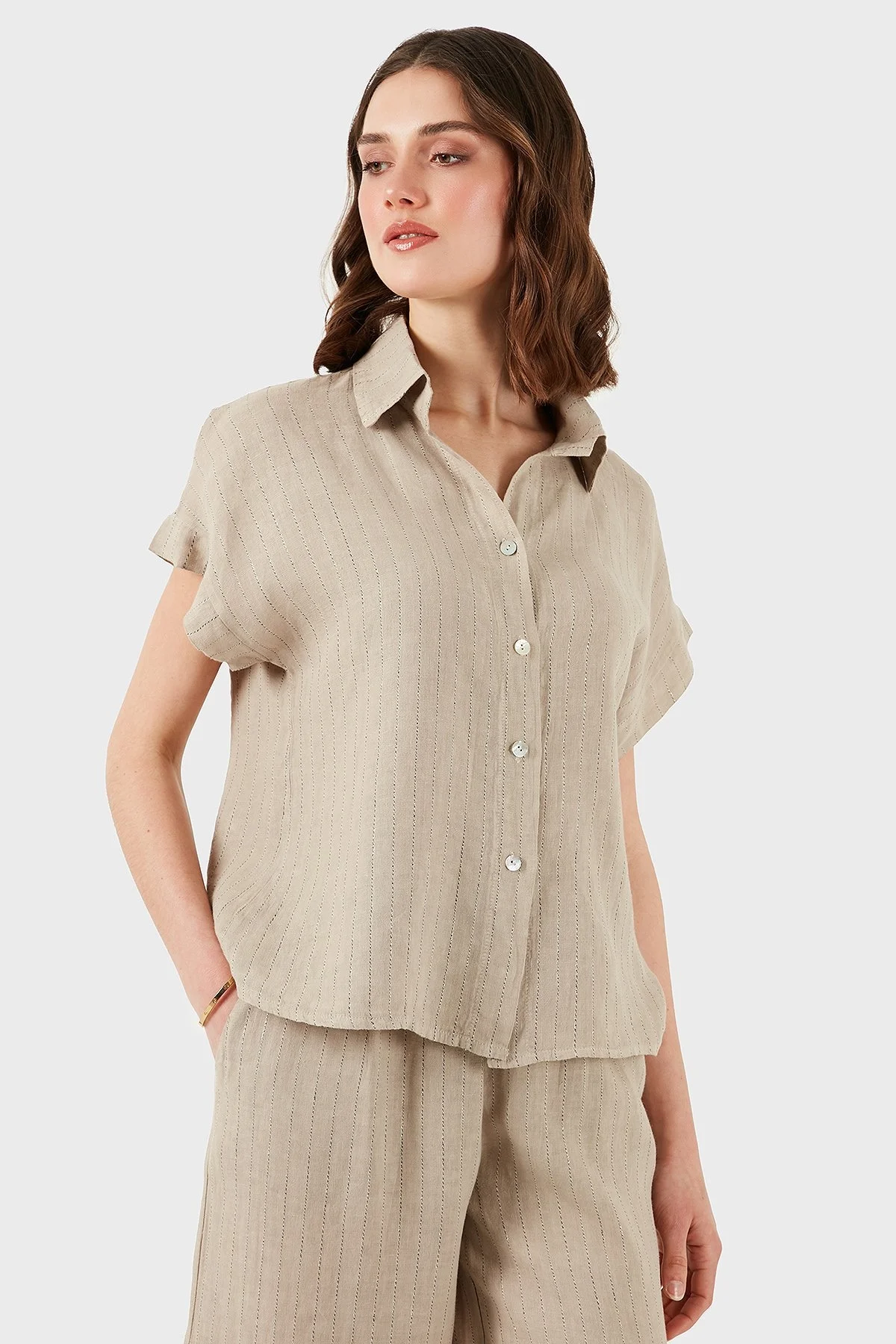 Via Dante Çizgili Regular Fit Düz Yaka Kısa Kollu Keten Bayan Gömlek 6140RN687 TAŞ - 5