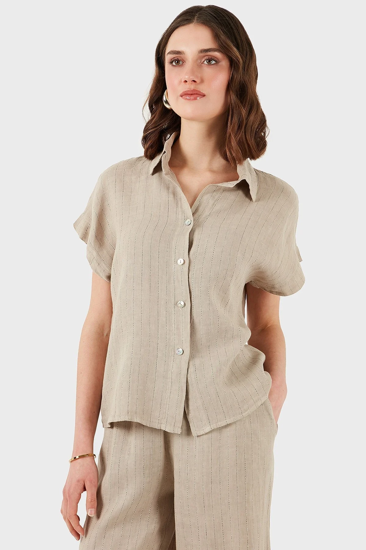 Via Dante Çizgili Regular Fit Düz Yaka Kısa Kollu Keten Bayan Gömlek 6140RN687 TAŞ - 6