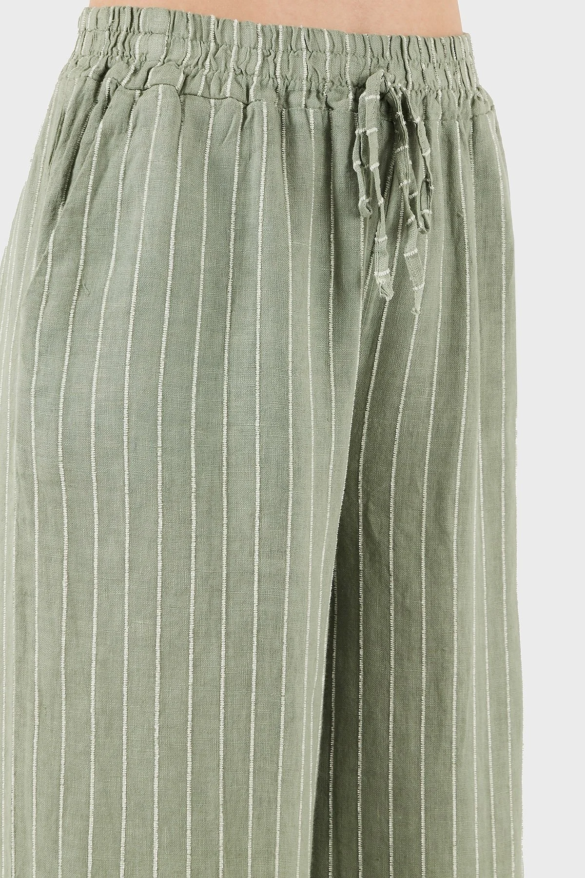 Via Dante Çizgili Regular Fit Normal Bel Geniş Paça Keten Bayan Pantolon 4998OS544 HAKİ - 6