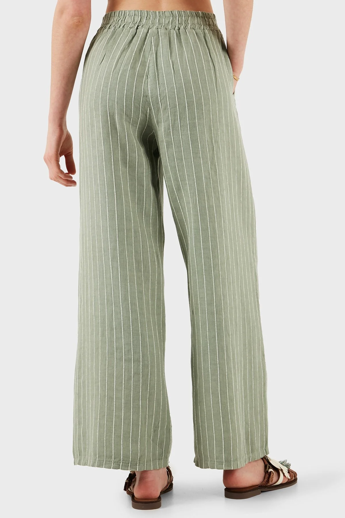 Via Dante Çizgili Regular Fit Normal Bel Geniş Paça Keten Bayan Pantolon 4998OS544 HAKİ - 7