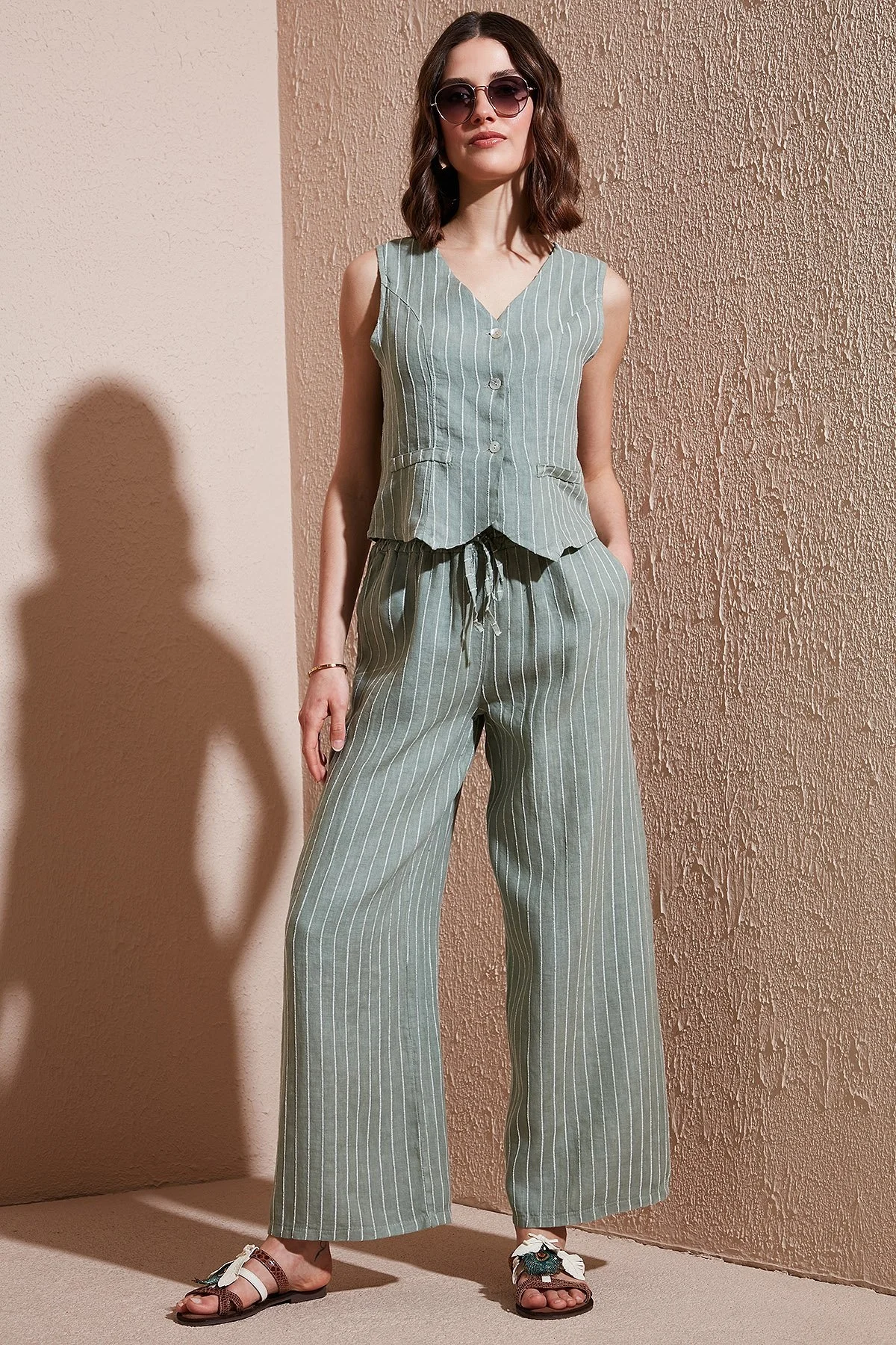 Via Dante Çizgili Regular Fit Normal Bel Geniş Paça Keten Bayan Pantolon 4998OS544 HAKİ - 8