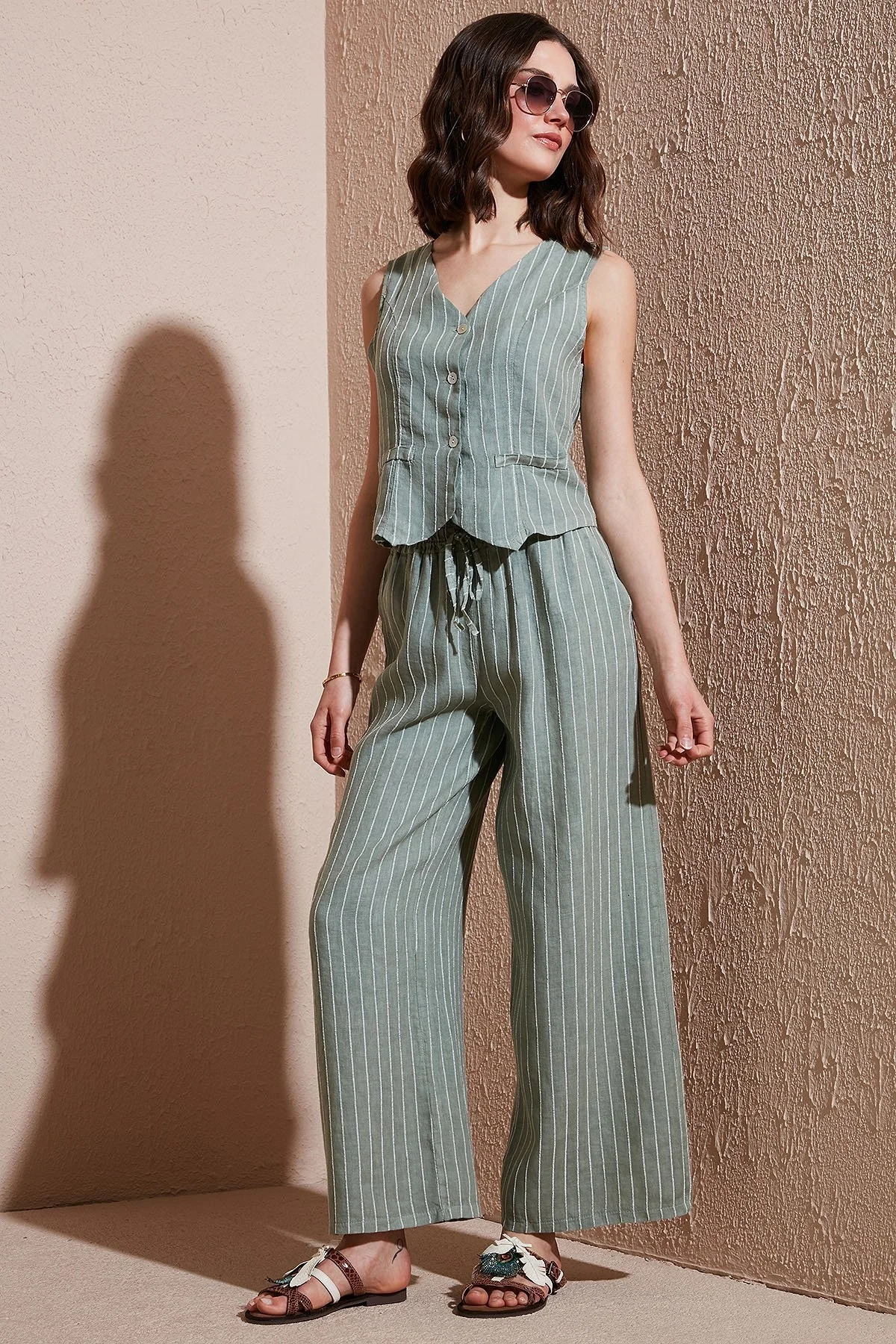 Via Dante Çizgili Regular Fit Normal Bel Geniş Paça Keten Bayan Pantolon 4998OS544 HAKİ - 9