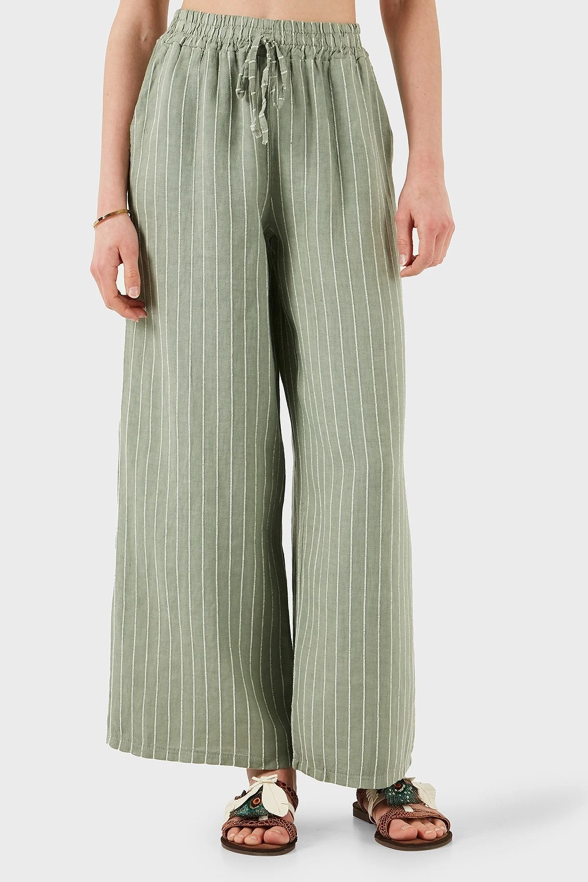 Via Dante Çizgili Regular Fit Normal Bel Geniş Paça Keten Bayan Pantolon 4998OS544 HAKİ - 10