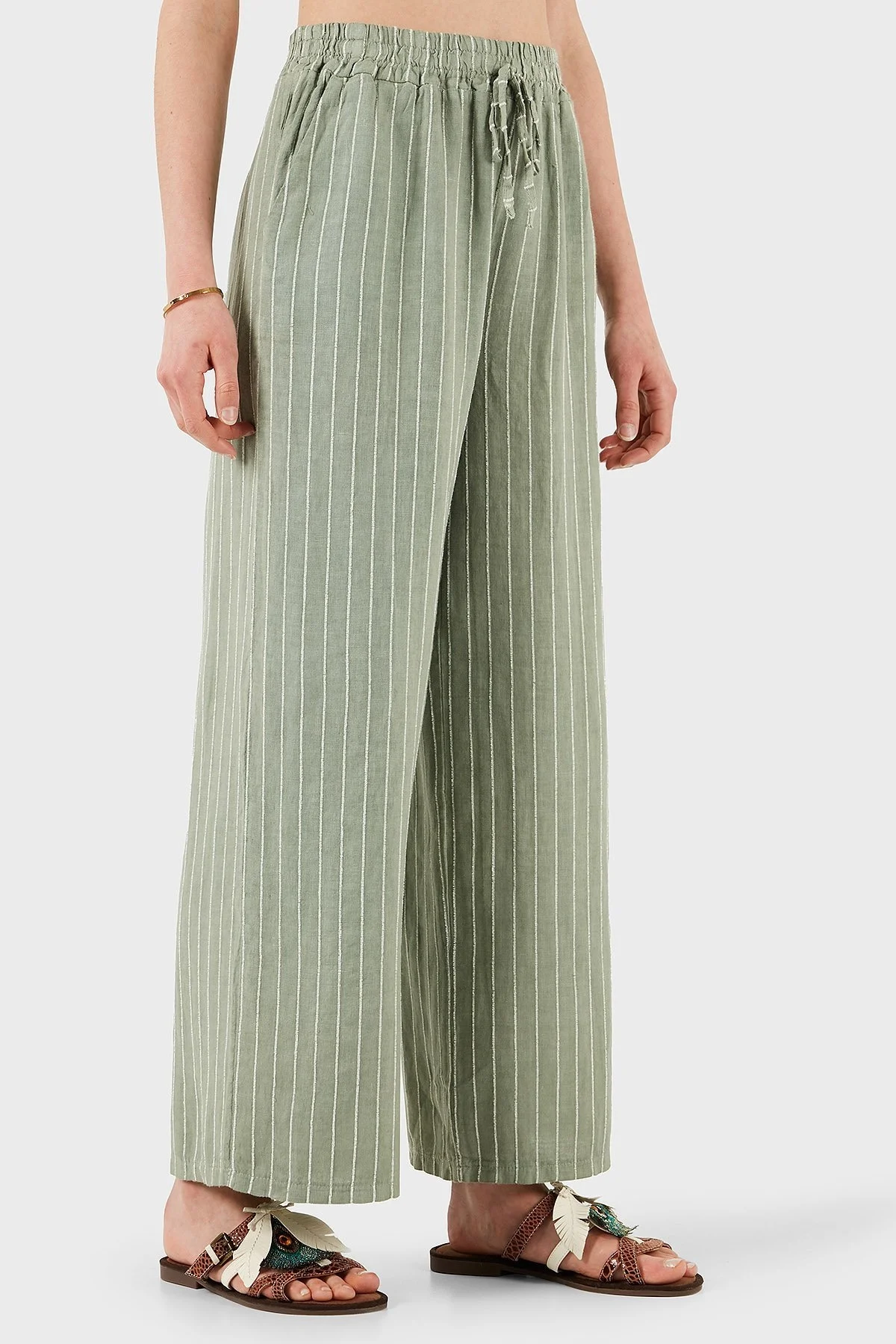 Via Dante Çizgili Regular Fit Normal Bel Geniş Paça Keten Bayan Pantolon 4998OS544 HAKİ - 11