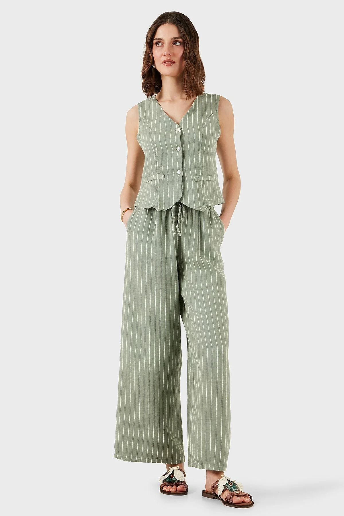 Via Dante Çizgili Regular Fit Normal Bel Geniş Paça Keten Bayan Pantolon 4998OS544 HAKİ - 12