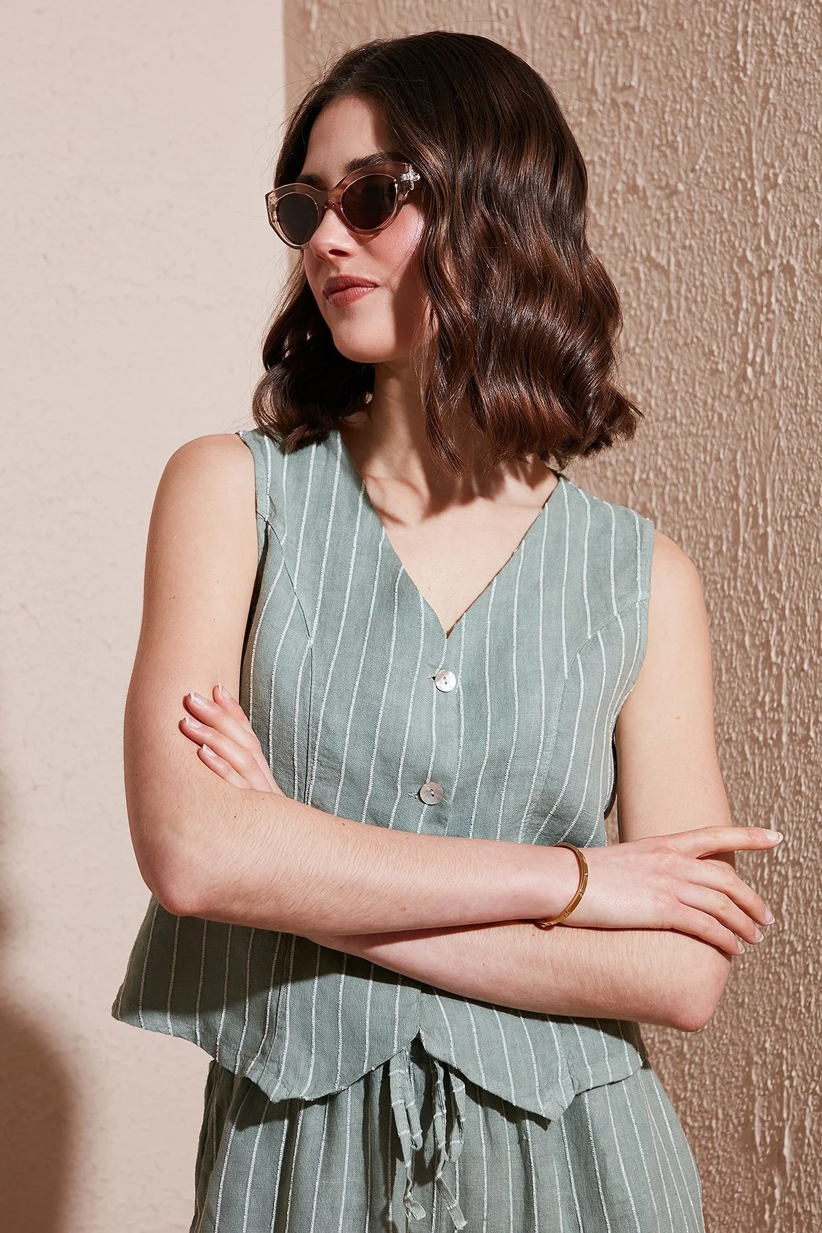 Via Dante Çizgili Regular Fit V Yaka Keten Bayan Yelek 6333544 HAKİ - 2