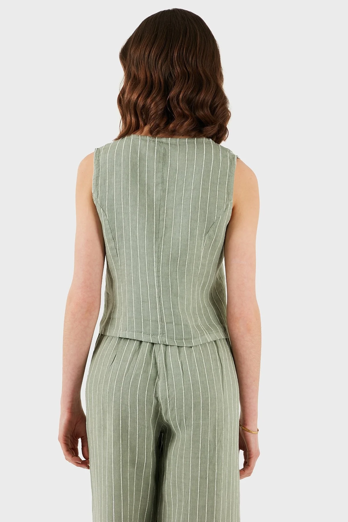 Via Dante Çizgili Regular Fit V Yaka Keten Bayan Yelek 6333544 HAKİ - 3