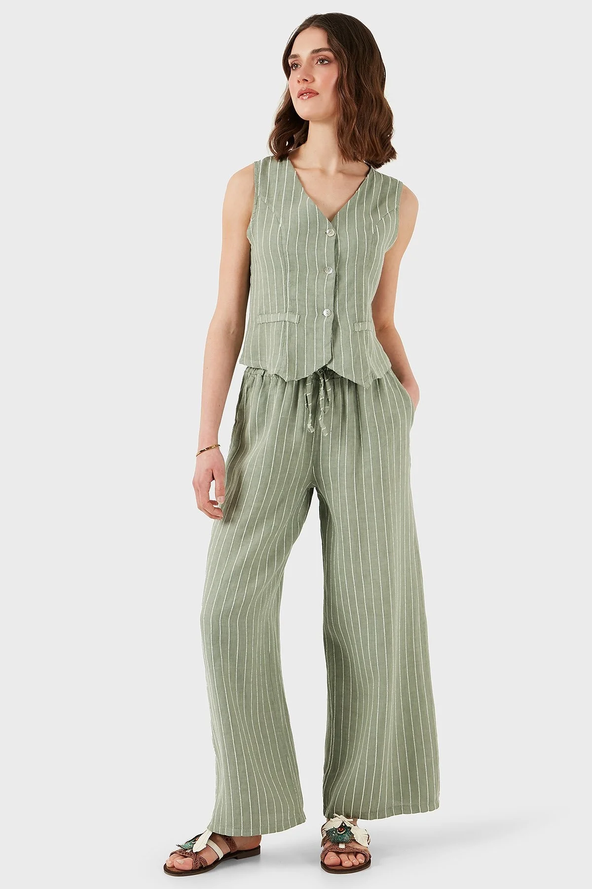 Via Dante Çizgili Regular Fit V Yaka Keten Bayan Yelek 6333544 HAKİ - 4