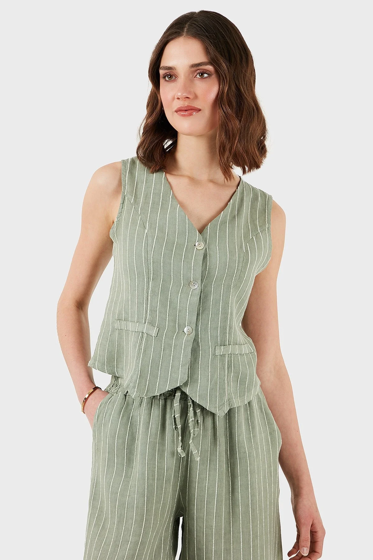 Via Dante Çizgili Regular Fit V Yaka Keten Bayan Yelek 6333544 HAKİ - 5