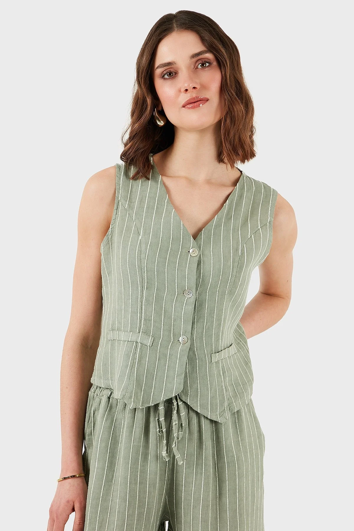 Via Dante Çizgili Regular Fit V Yaka Keten Bayan Yelek 6333544 HAKİ - 6