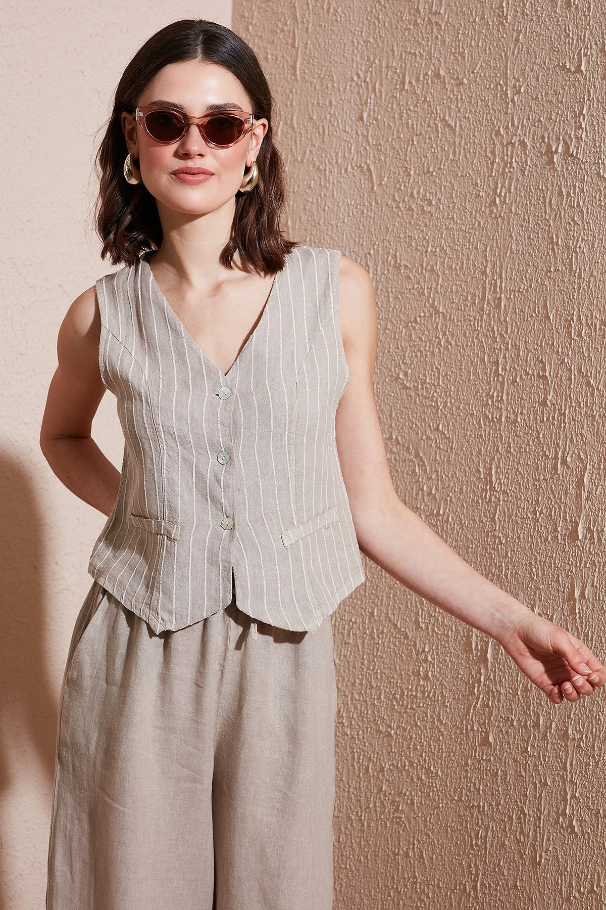 Via Dante Çizgili Regular Fit V Yaka Keten Bayan Yelek 6333687 TAŞ - 2