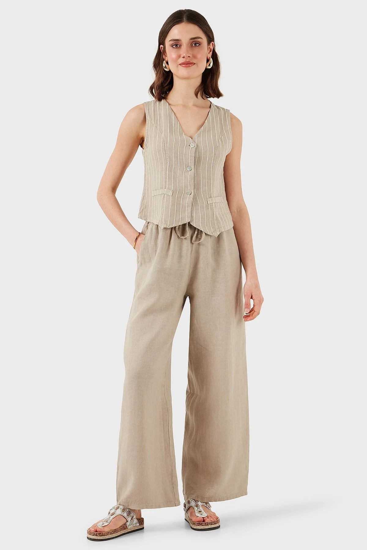 Via Dante Çizgili Regular Fit V Yaka Keten Bayan Yelek 6333687 TAŞ - 4