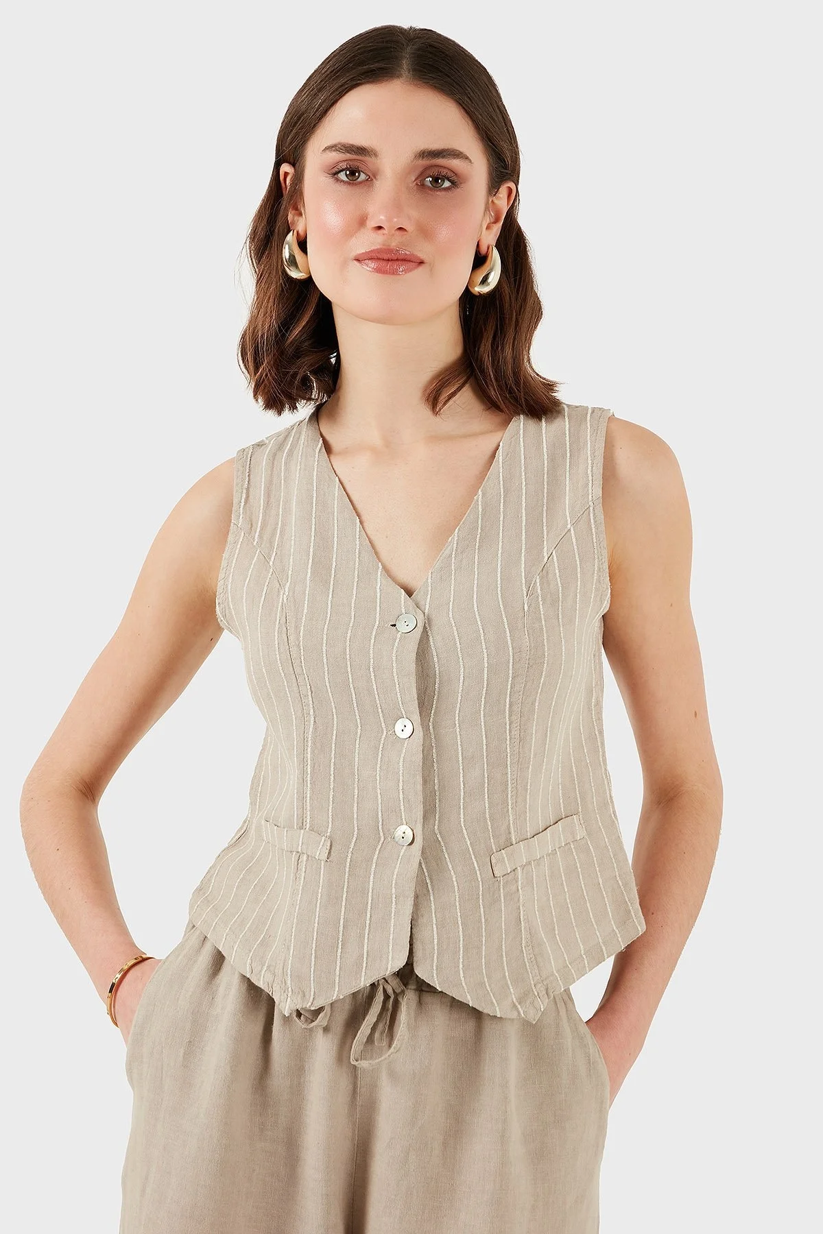 Via Dante Çizgili Regular Fit V Yaka Keten Bayan Yelek 6333687 TAŞ - 5