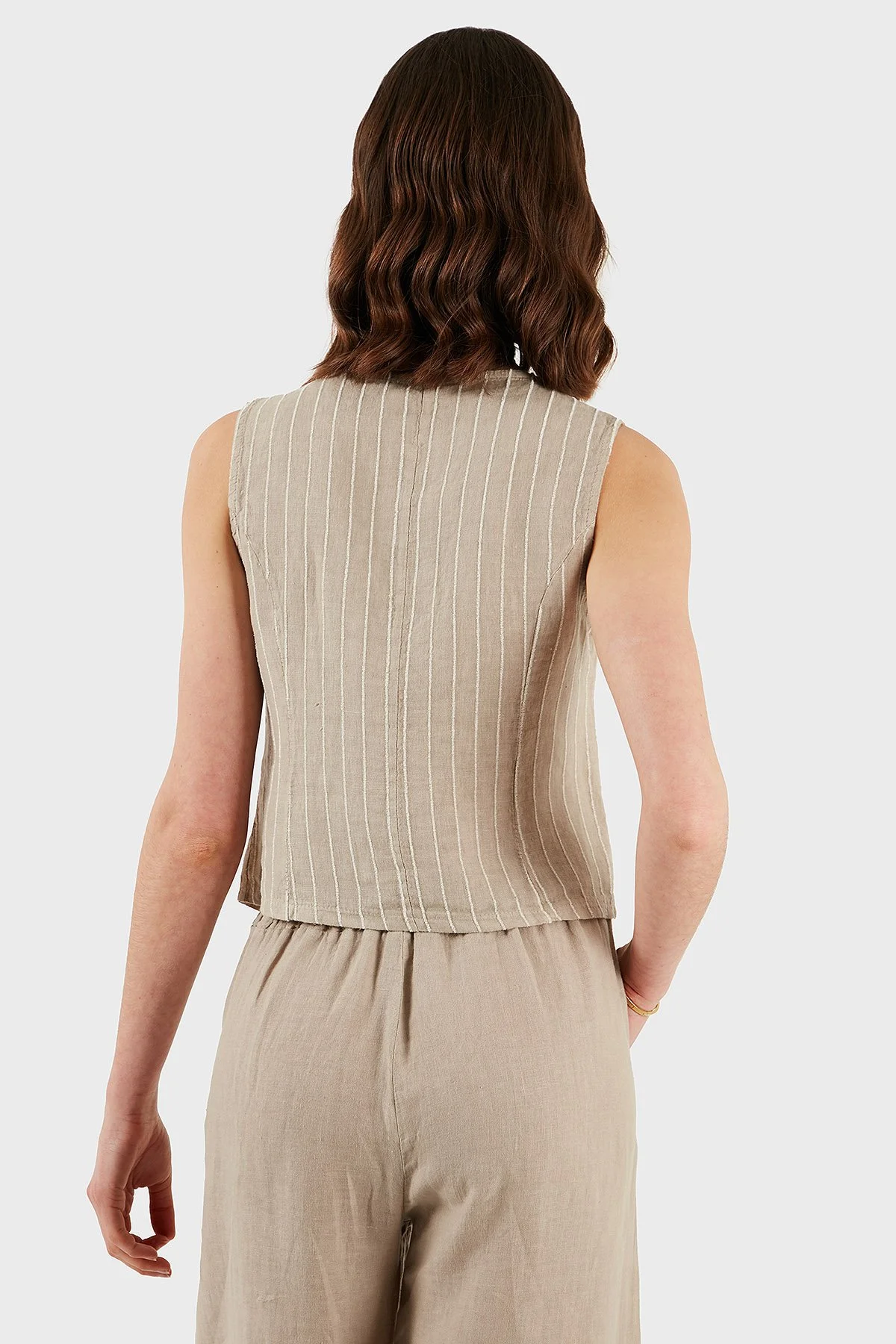Via Dante Çizgili Regular Fit V Yaka Keten Kadın Yelek 6333687 TAŞ - 3