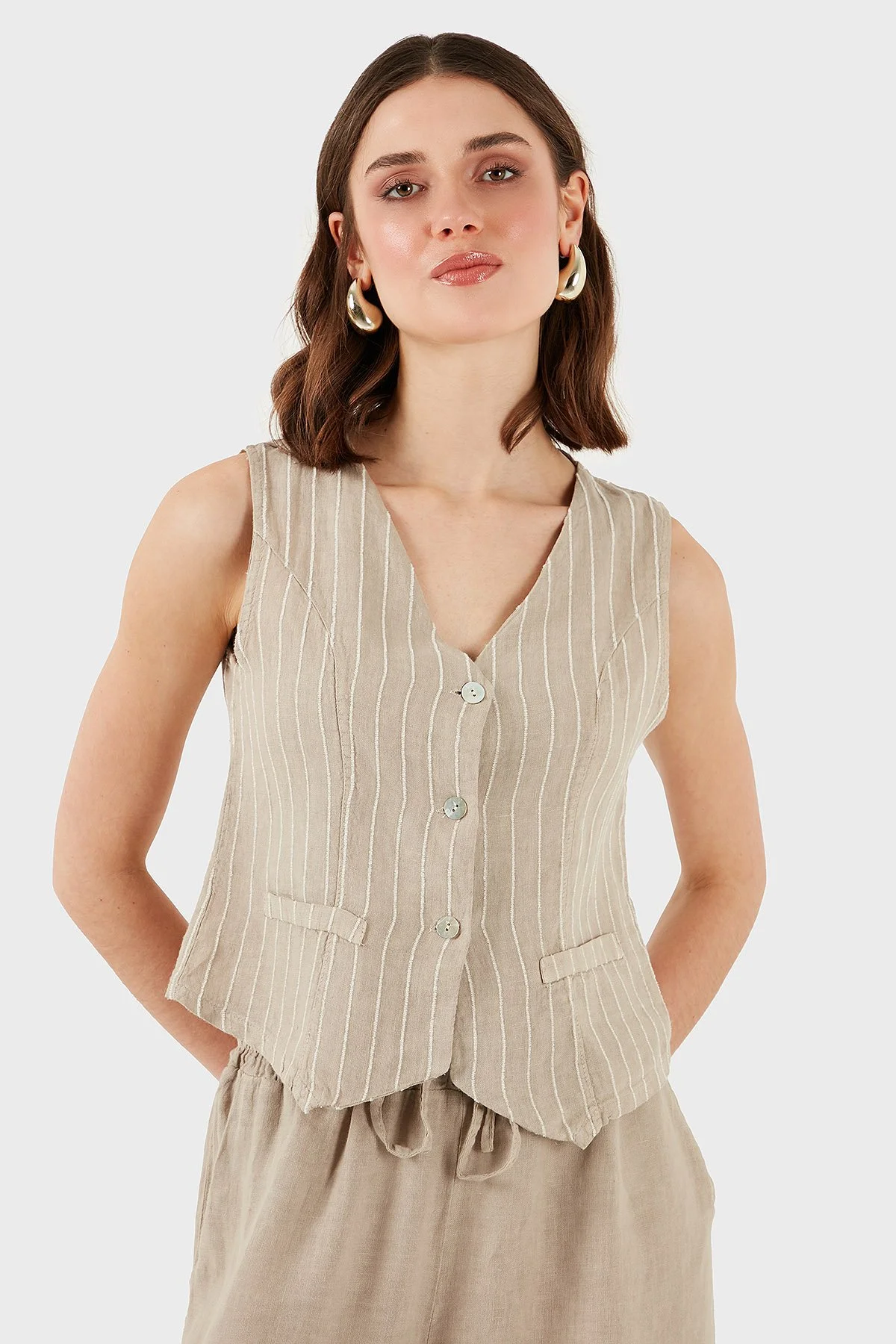Via Dante Çizgili Regular Fit V Yaka Keten Kadın Yelek 6333687 TAŞ - 6