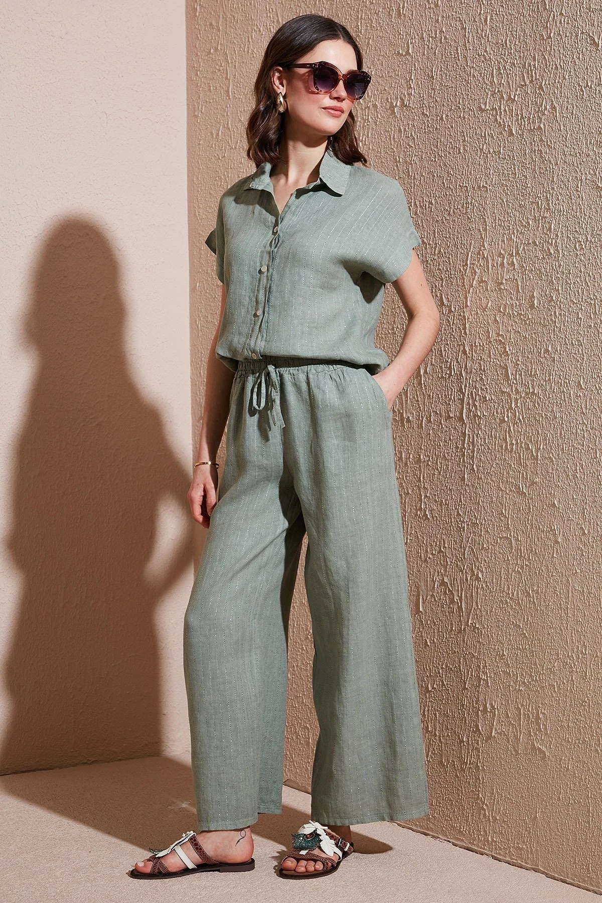 Via Dante Çizgili Regular Fit Yüksek Bel Geniş Paça Keten Bayan Pantolon 4998RN544 HAKİ - 1