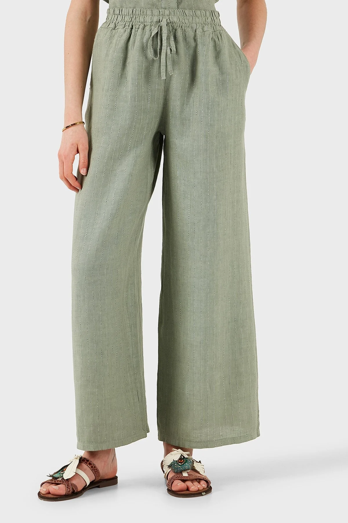 Via Dante Çizgili Regular Fit Yüksek Bel Geniş Paça Keten Bayan Pantolon 4998RN544 HAKİ - 2