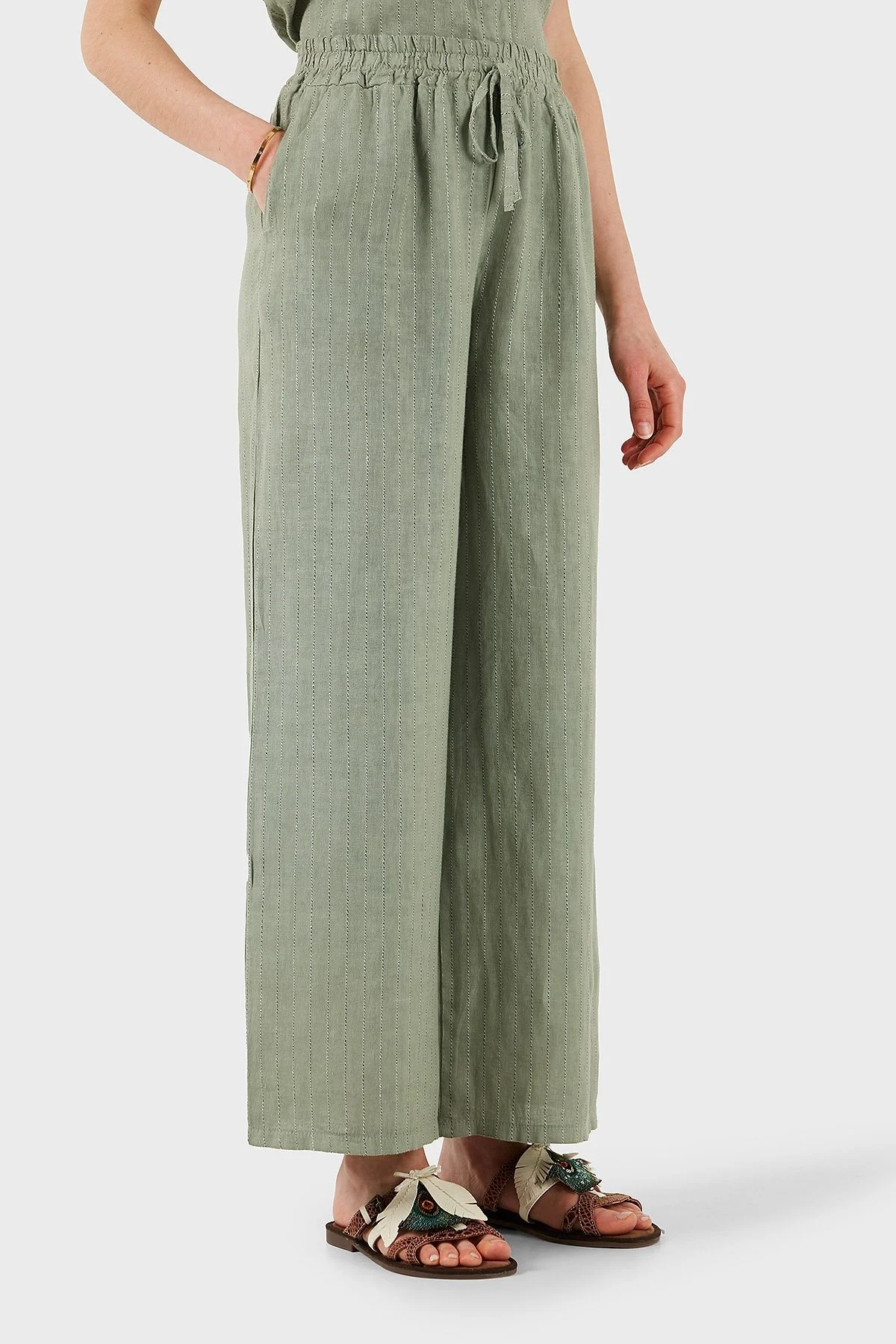 Via Dante Çizgili Regular Fit Yüksek Bel Geniş Paça Keten Bayan Pantolon 4998RN544 HAKİ - 3