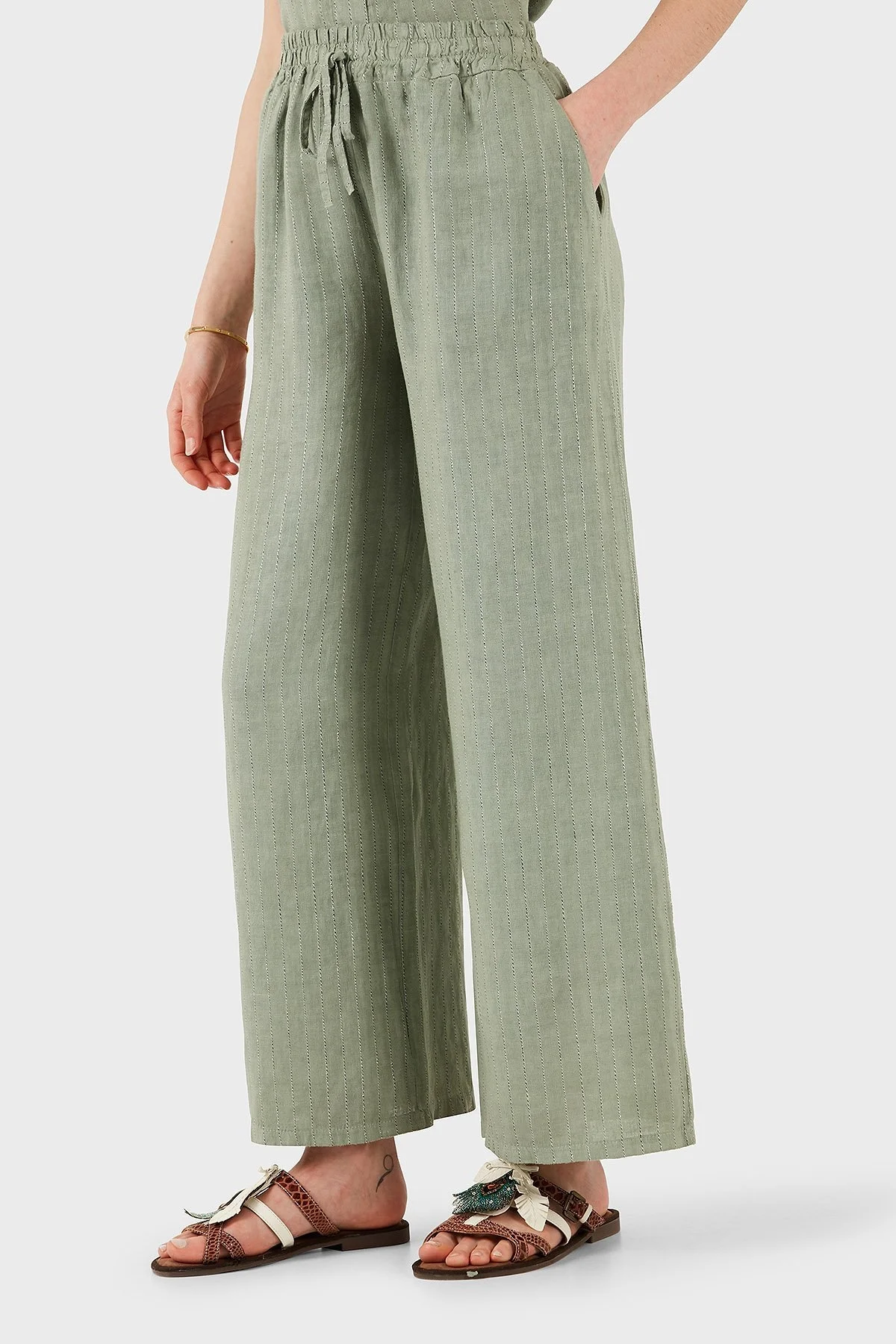 Via Dante Çizgili Regular Fit Yüksek Bel Geniş Paça Keten Bayan Pantolon 4998RN544 HAKİ - 4