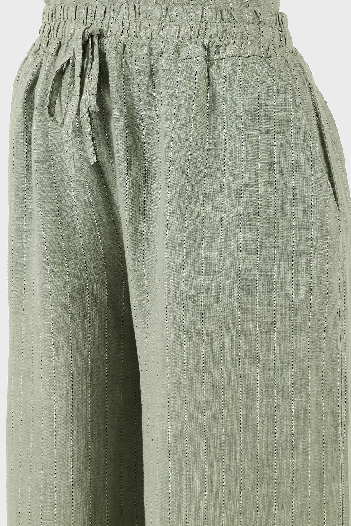 Via Dante Çizgili Regular Fit Yüksek Bel Geniş Paça Keten Bayan Pantolon 4998RN544 HAKİ - 5