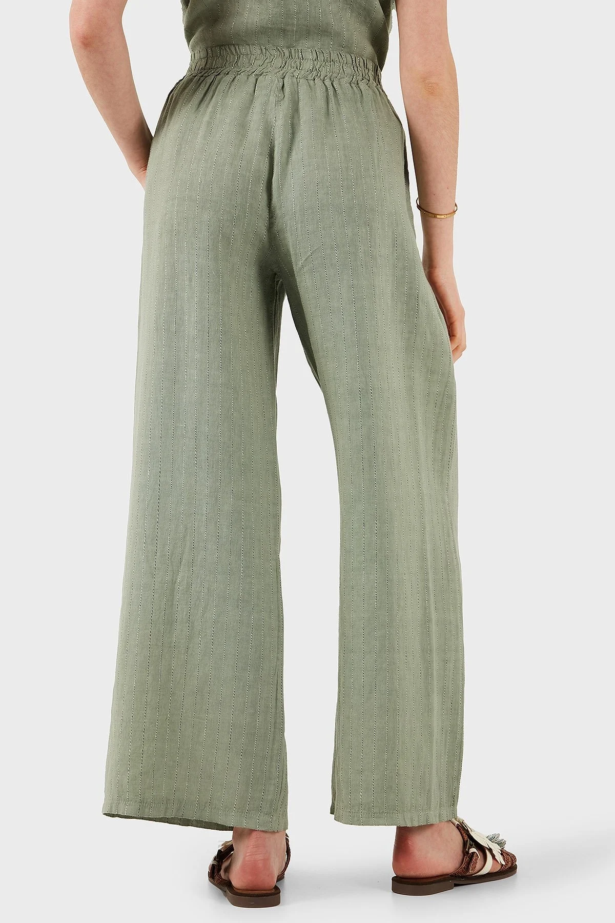 Via Dante Çizgili Regular Fit Yüksek Bel Geniş Paça Keten Bayan Pantolon 4998RN544 HAKİ - 6