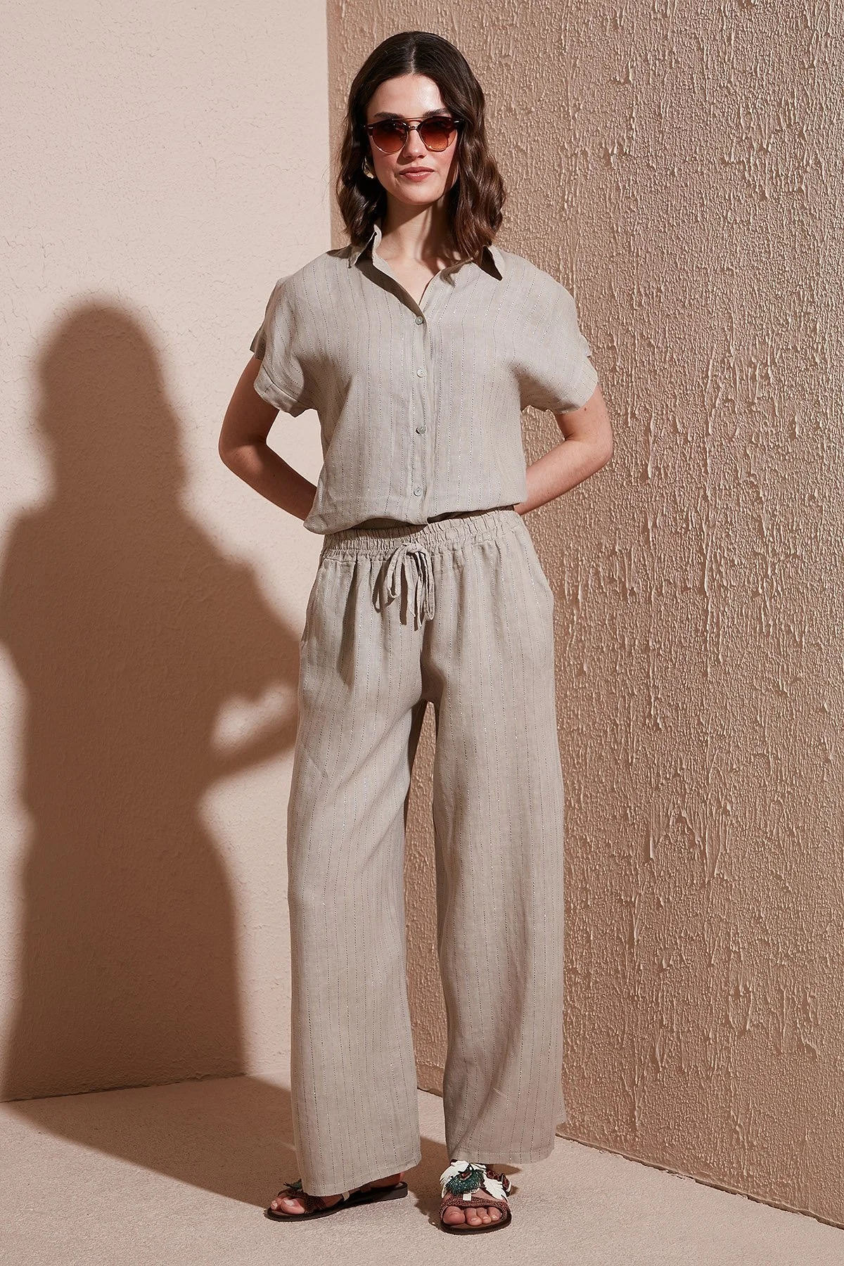 Via Dante Çizgili Regular Fit Yüksek Bel Geniş Paça Keten Bayan Pantolon 4998RN687 TAŞ - 1