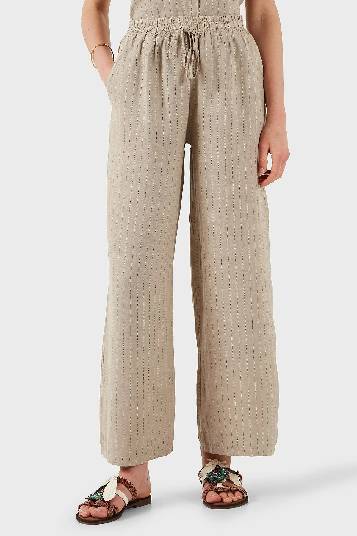 Via Dante Çizgili Regular Fit Yüksek Bel Geniş Paça Keten Bayan Pantolon 4998RN687 TAŞ - 2