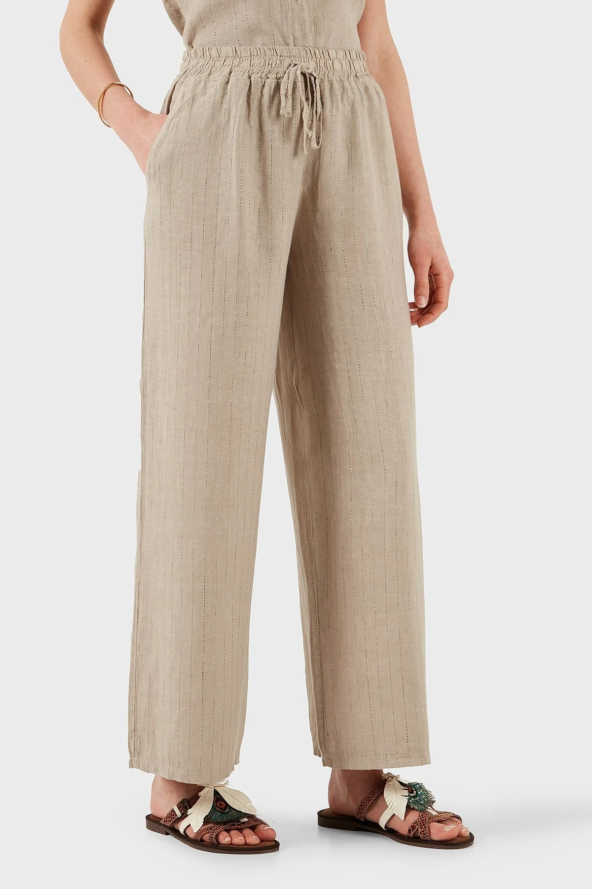 Via Dante Çizgili Regular Fit Yüksek Bel Geniş Paça Keten Bayan Pantolon 4998RN687 TAŞ - 3