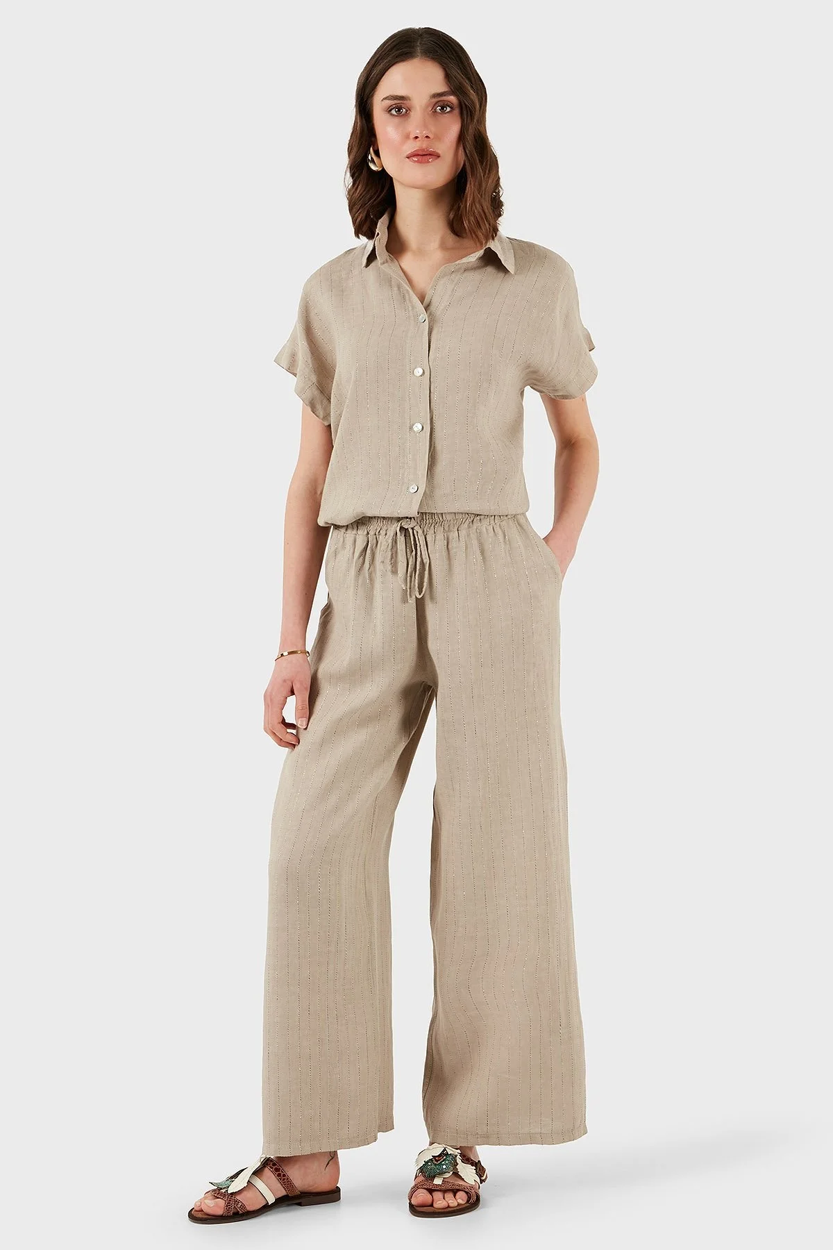 Via Dante Çizgili Regular Fit Yüksek Bel Geniş Paça Keten Bayan Pantolon 4998RN687 TAŞ - 4