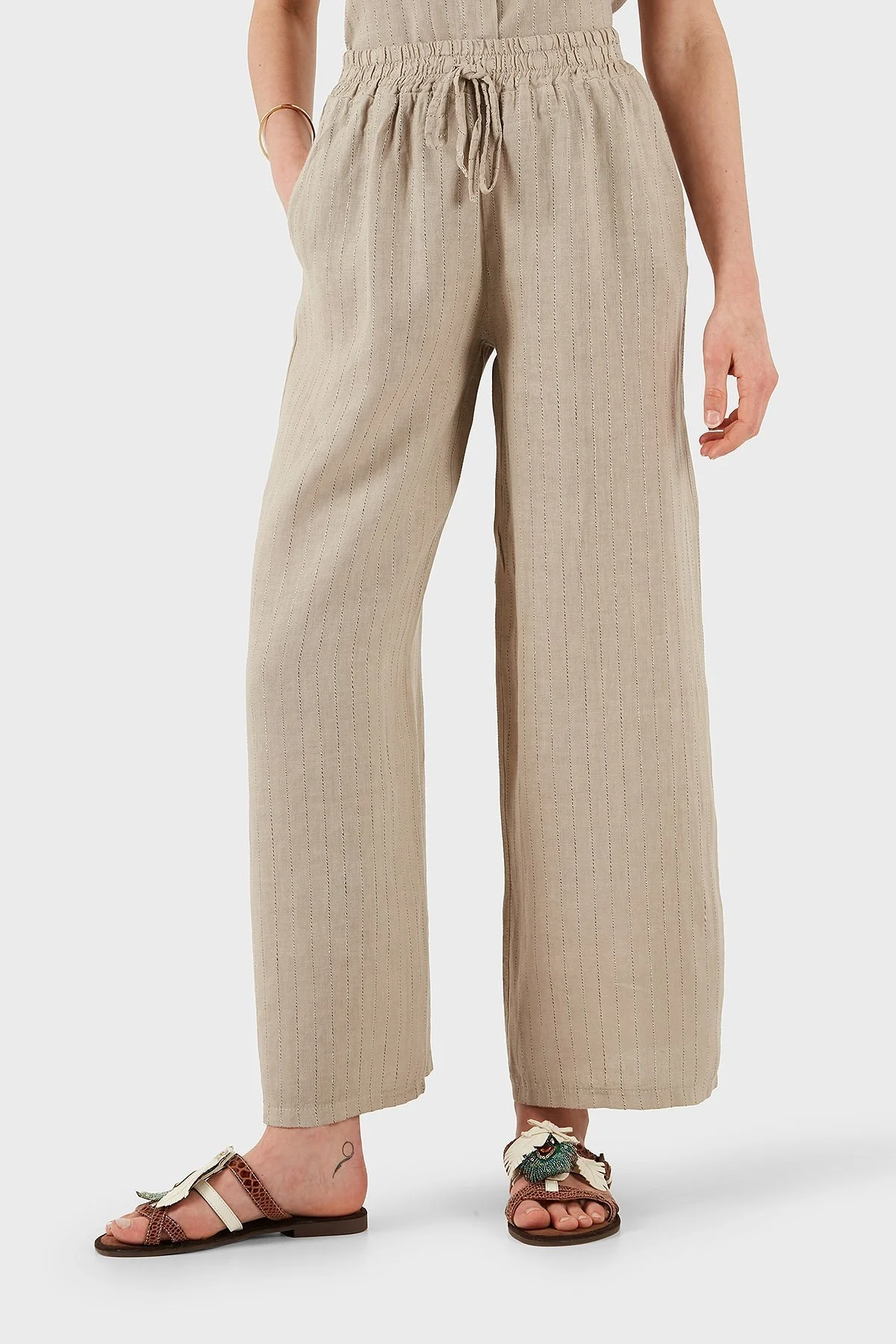 Via Dante Çizgili Regular Fit Yüksek Bel Geniş Paça Keten Bayan Pantolon 4998RN687 TAŞ - 5