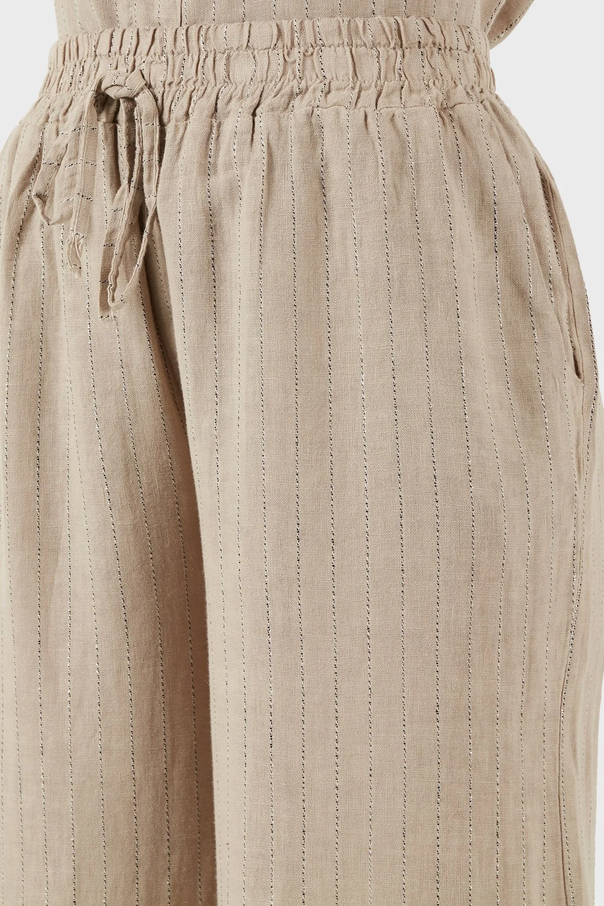 Via Dante Çizgili Regular Fit Yüksek Bel Geniş Paça Keten Bayan Pantolon 4998RN687 TAŞ - 6