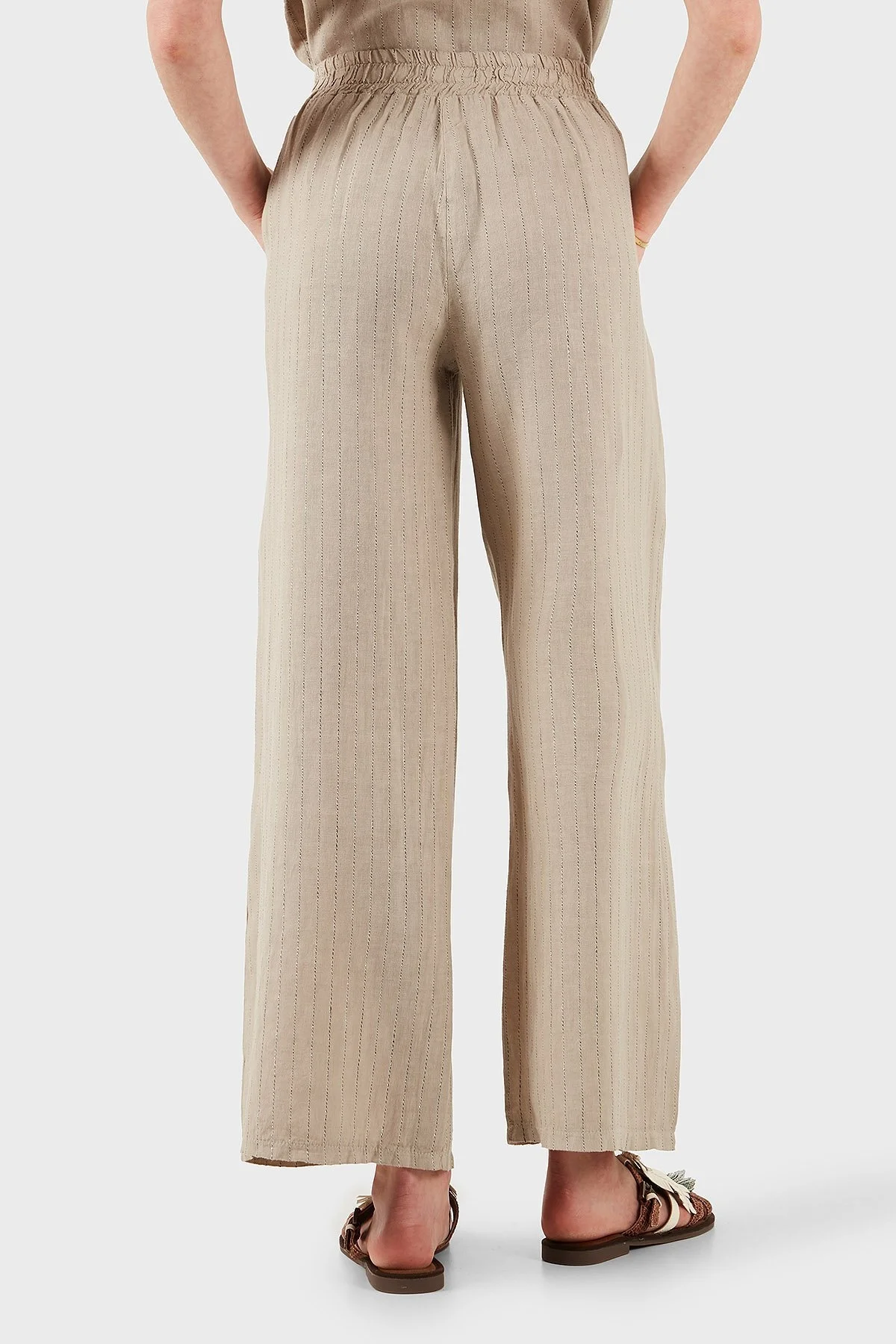 Via Dante Çizgili Regular Fit Yüksek Bel Geniş Paça Keten Bayan Pantolon 4998RN687 TAŞ - 7