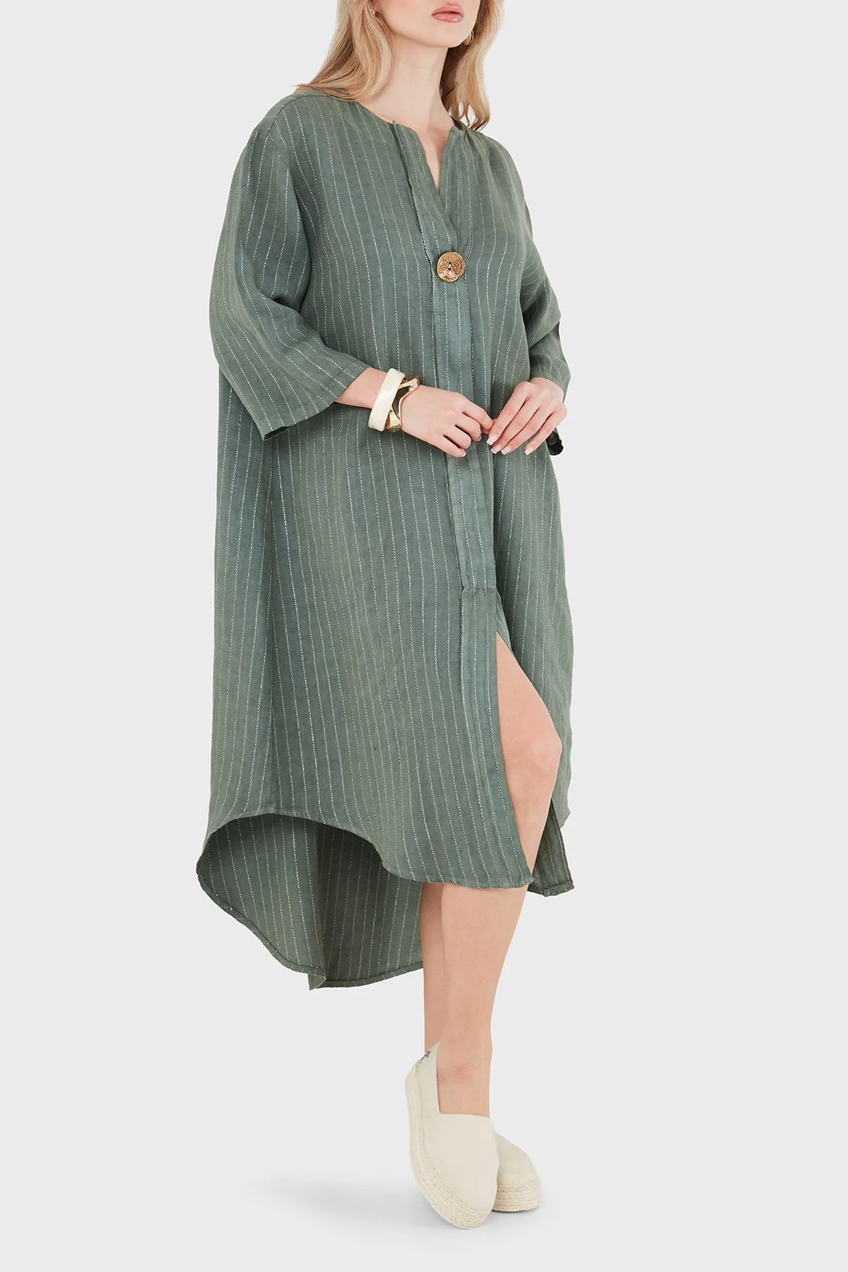 Via Dante Çizgili Relaxed Fit Düğme Detaylı V Yaka Kadın Elbise 25547L HAKİ - 5