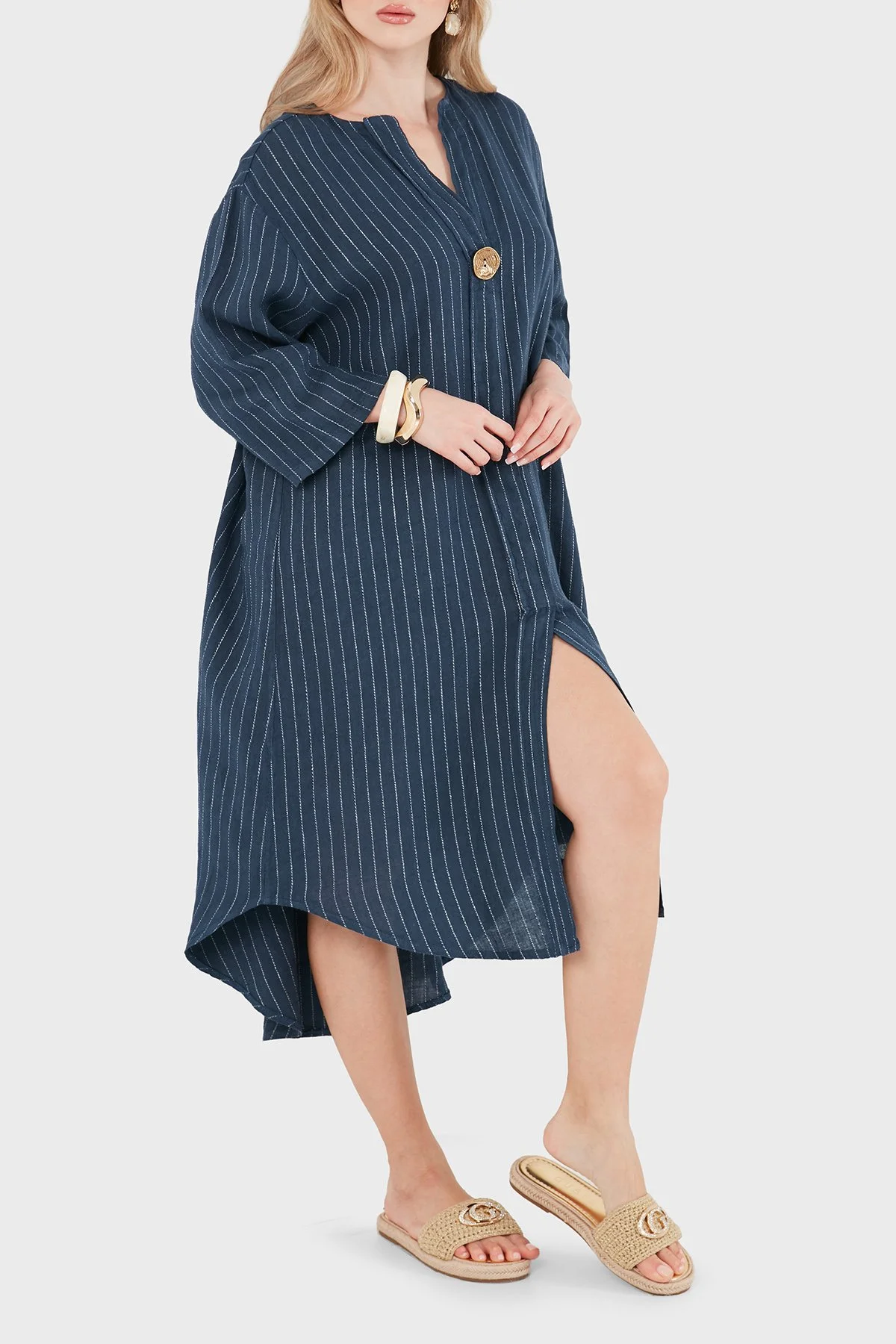 Via Dante Çizgili Relaxed Fit Düğme Detaylı V Yaka Kadın Elbise 25547L LACİVERT - 4