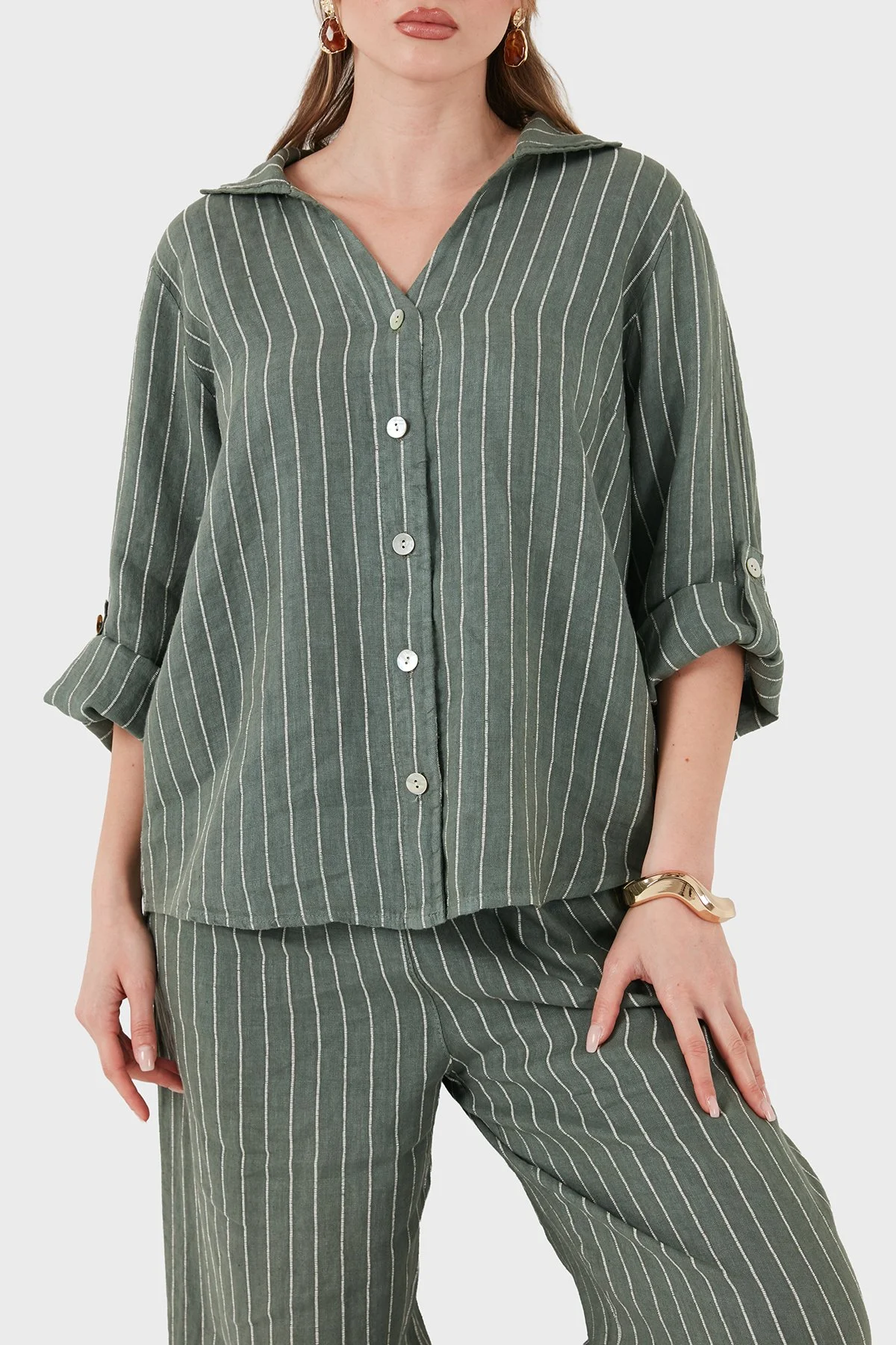 Via Dante Çizgili Relaxed Fit Uzun Kollu Keten Kadın Gömlek 6684RN HAKİ - 1