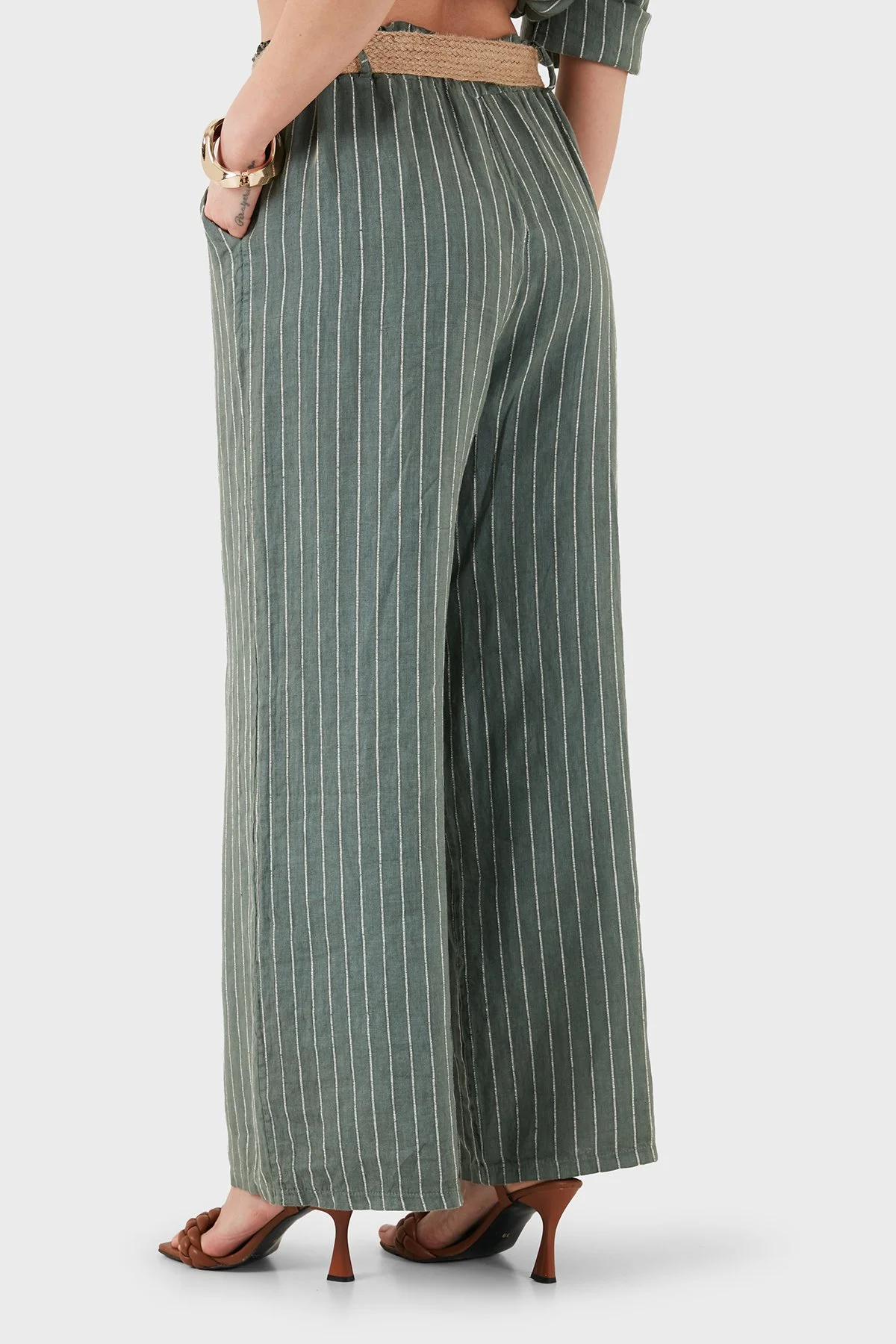 Via Dante Çizgili Relaxed Fit Yüksek Bel Bol Paça Keten Kadın Pantolon 5056RN HAKİ - 3