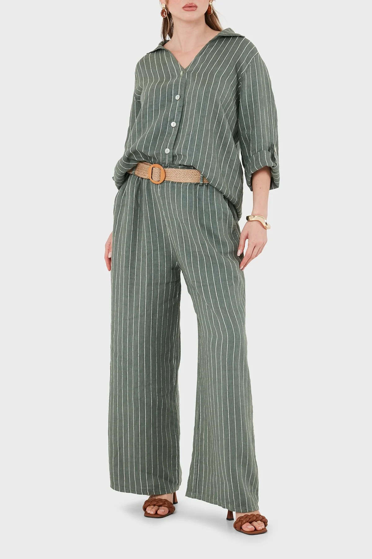 Via Dante Çizgili Relaxed Fit Yüksek Bel Bol Paça Keten Kadın Pantolon 5056RN HAKİ - 4