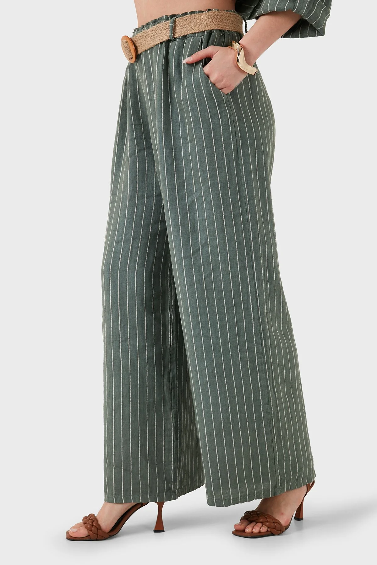 Via Dante Çizgili Relaxed Fit Yüksek Bel Bol Paça Keten Kadın Pantolon 5056RN HAKİ - 6