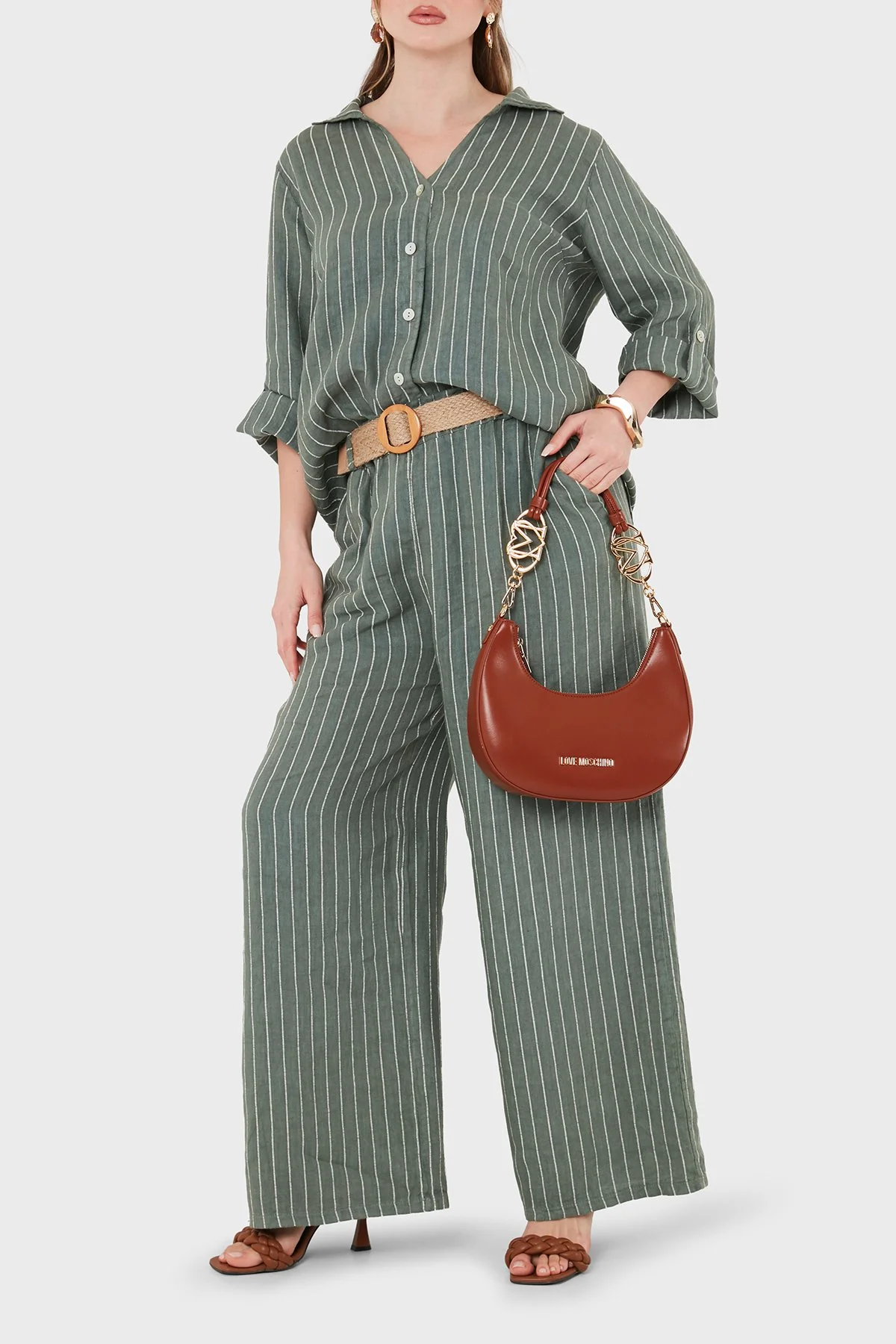 Via Dante Çizgili Relaxed Fit Yüksek Bel Bol Paça Keten Kadın Pantolon 5056RN HAKİ - 1