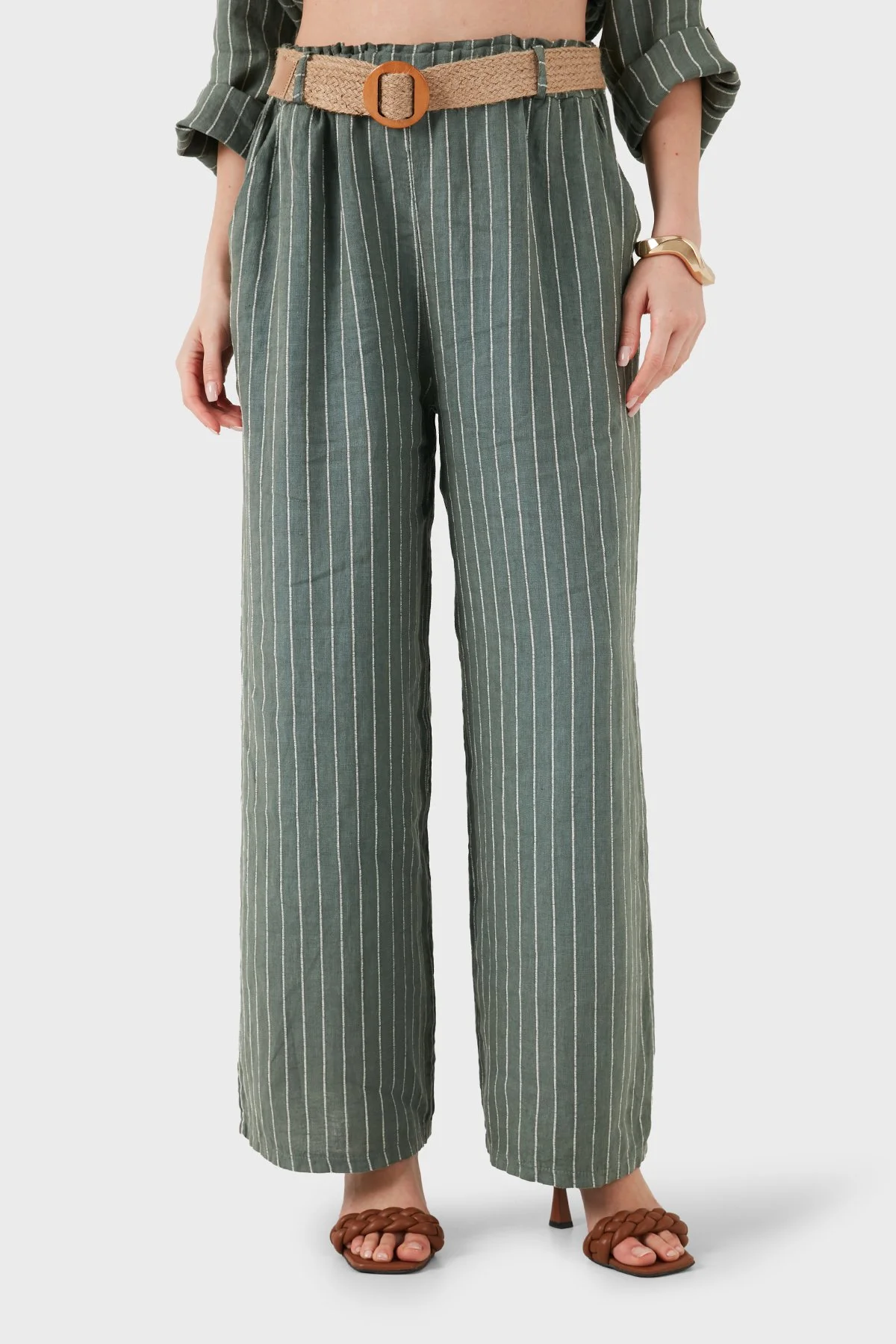 Via Dante Çizgili Relaxed Fit Yüksek Bel Bol Paça Keten Kadın Pantolon 5056RN HAKİ - 2