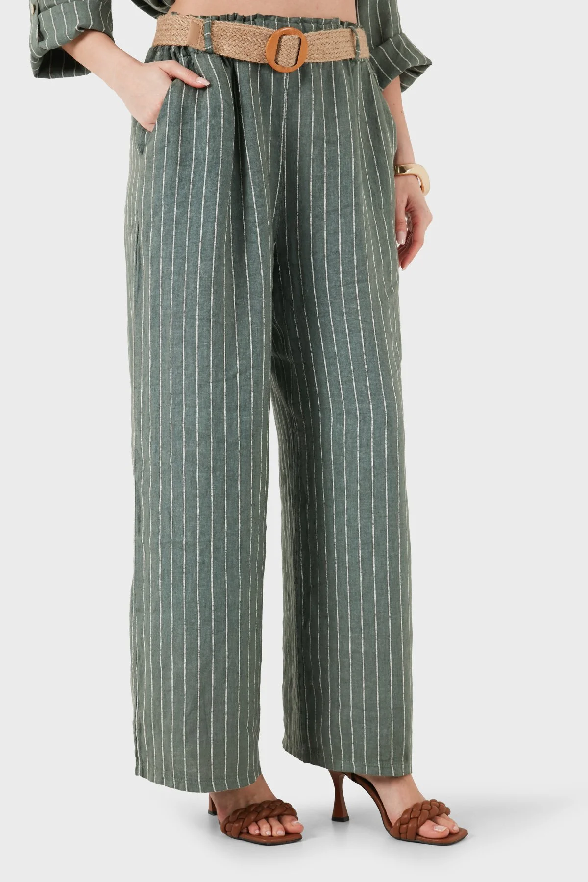 Via Dante Çizgili Relaxed Fit Yüksek Bel Bol Paça Keten Kadın Pantolon 5056RN HAKİ - 5