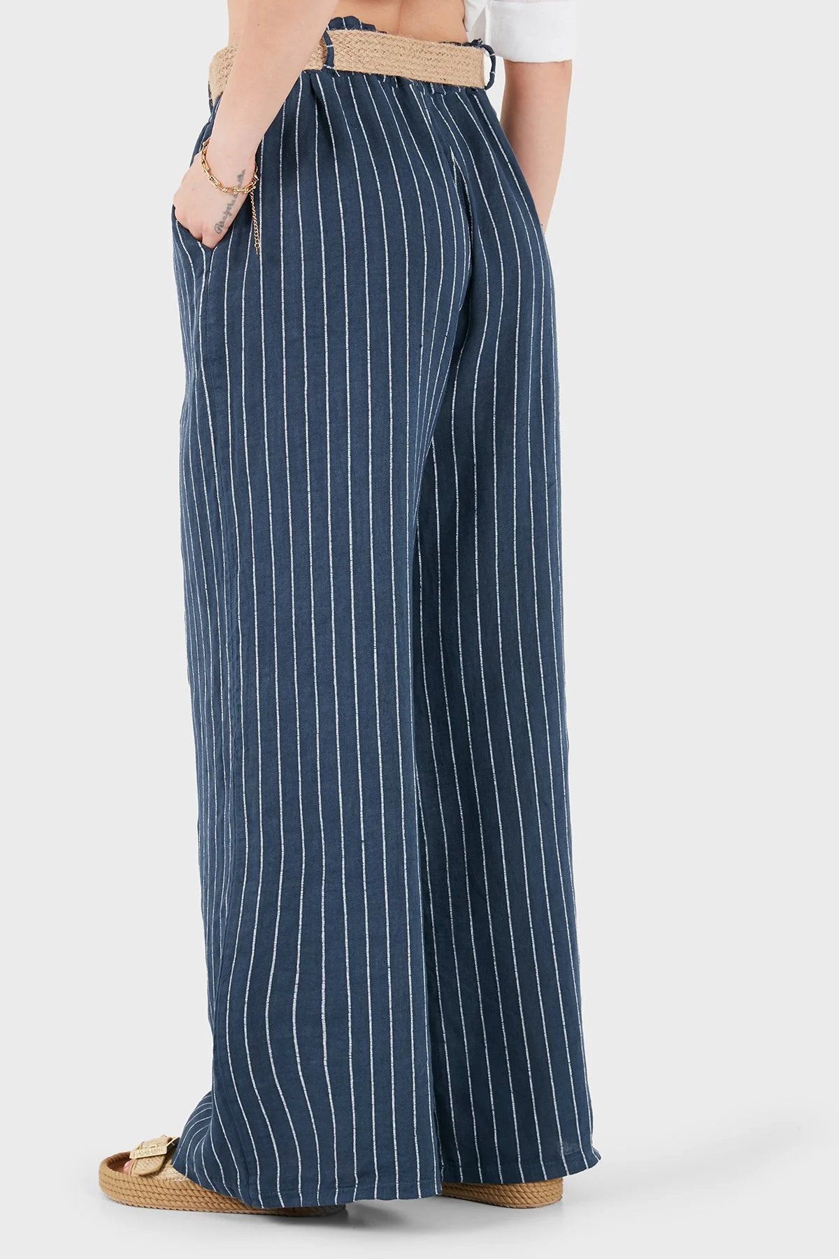 Via Dante Çizgili Relaxed Fit Yüksek Bel Bol Paça Keten Kadın Pantolon 5056RN LACİVERT - 3