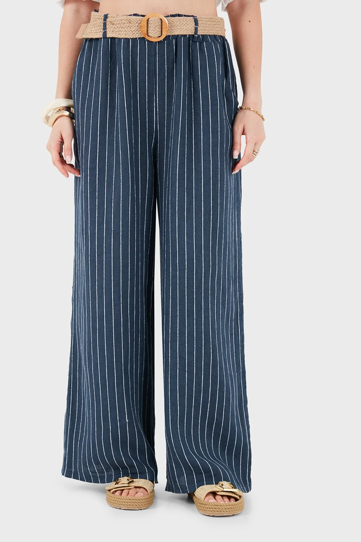 Via Dante Çizgili Relaxed Fit Yüksek Bel Bol Paça Keten Kadın Pantolon 5056RN LACİVERT - 4