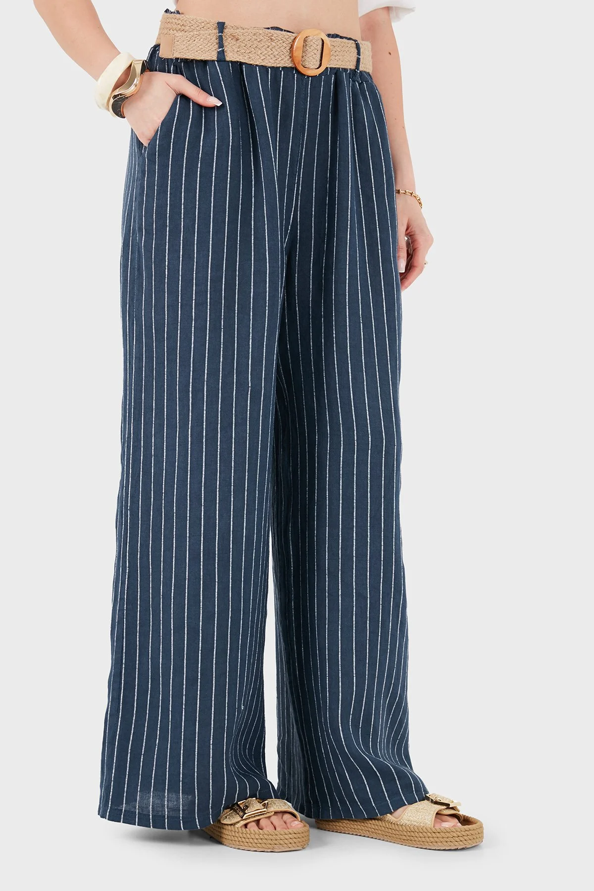 Via Dante Çizgili Relaxed Fit Yüksek Bel Bol Paça Keten Kadın Pantolon 5056RN LACİVERT - 5