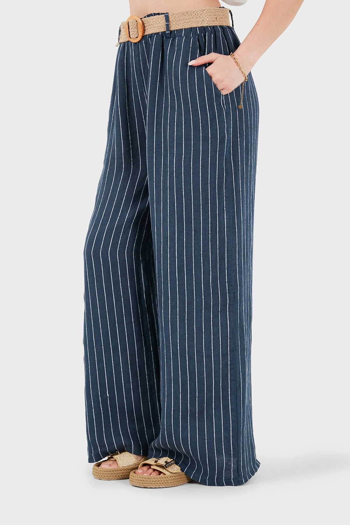 Via Dante Çizgili Relaxed Fit Yüksek Bel Bol Paça Keten Kadın Pantolon 5056RN LACİVERT - 6